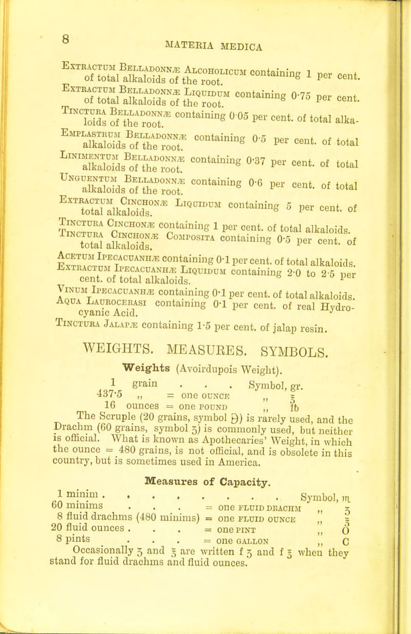 Q MATEEIA MEDICA ^^^^rS^^^ 1 1- cent. ^™oMs^orr^^^^^^^ ^^^^^^^'^^ 1- of total ^X7o-Is'lTtr^oof ^^-^-^^^^ °f total ''^'^Xl^^s'luhrroor '•'^ of total TorauikSoTr^ ^^^^^^'^ ' -t. of TiNCTUEA Cinchona containing 1 per cent, of total alkaloids 'ToTatafSr -^t'^of AcETUM Ipecacuanh;e containing 0-1 per cent, of total alkaloids. ExTBACTUM Ipecacuanha Liquidum containing 2-0 to 2 5 er cent, of total alkaloids. '■ ViNUM IPECACUANH.E Containing 0-1 per cent, of total alkaloids. Aqua Laueocehasi containing 0-1 per cent, of real Hydro- cyanic Acid. TiNCTUBA JAiAP.Ti Containing 1'5 per cent, of jalap resin. WEIGHTS. MEASUEES. SYMBOLS. Weights (Avoirdupois Weight). 1 grain . . . Symbol, gr. ioi'd „ = one ounce „ s 16 ounces = one pound „ it) The Scruple (20 grains, symbol B) is rarely used, and the Drachm (60 grams, symbol 5) is commonly used, but neither IS official. What is known as Apothecaries' Weight, in which the ounce = 480 grains, is not official, and is obsolete in this country, but is sometimes used in America. Measures of Capacity. „1 Symbol, VI bO mimms . . . = one tluid deachsi „ 7. 8 fluid drachms (480 minims) = one fluid ounce „ = 20 fluid ounces. . . = one pint ,, o 8 pints . . . = one gallon „ c Occasionally 5 and = are written f 5 and f 5 when they stand for fluid drachms and fluid ounces.