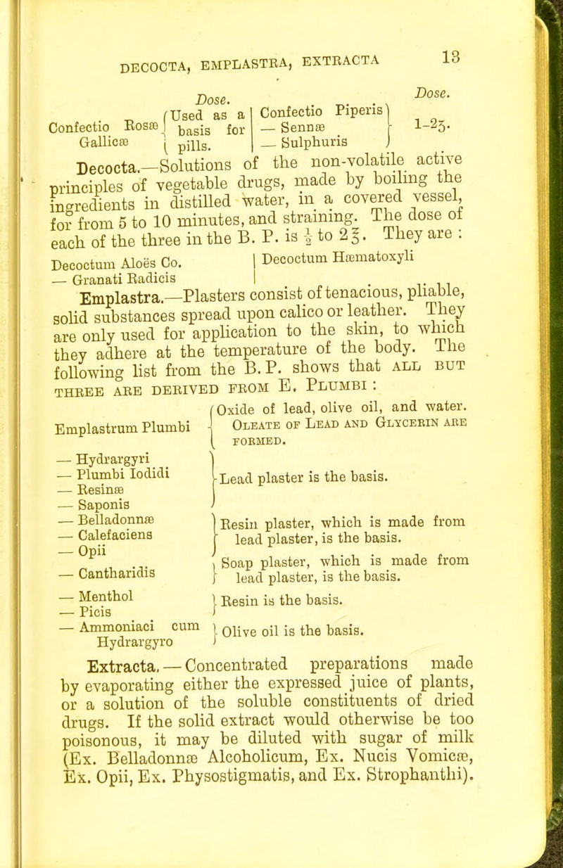 DECOCTA, EMPLASTBA, EXTRACTA Dose. Dose. _. . . fUsed as a Confectio Piperis Confectio Kosffi^ j^g^g^g foj. _ SennsB _ 1-^5- Gallicfe y pjng. — Sulphuris j Decocta.-Solutions of the non-volatile active principles of vegetable drugs, made by boilmg the ingredients in distilled water, ni a covered vessel, for from 5 to 10 minutes, and strammg. The dose ot each of the three in the B. P. is to 2 §. They are : Decoctum Aloes Co. Decoctum Htematoxyli — Granati Eadicis , Emplastra—Plasters consist of tenacious, phabie, sohd substances spread upon calico or leather. They are only used for application to the skm, to which they adhere at the temperature of the body, ihe following list from the B. P. shows that all but THREE ARE DERIVED FROM E. PlUMBI : 'Oxide of lead, olive oil, and water. Oleate of Lead and Glycerin aee rOEMED. ] Emplastrum Plumbi — Hydrargyri — Plumbi lodidi — Eesinse — Saponis — Belladonnffi — Calefaciena — Opii — Cantharidis — Menthol — Picis — Ammoniaci cum Hydrargyro Extracta, — Concentrated preparations made by evaporating either the expressed juice of plants, or a solution of the soluble constituents of dried drugs. If the solid extract would otherwise be too poisonous, it may be diluted with sugar of milk (Ex. Belladonnfe Alcohohcum, Ex. Nucis Vomicfe, Ex. Opii, Ex. Physostigmatis, and Ex. Strophanthi). Lead plaster is the basis. Eesin plaster, which is made from lead plaster, is the basis. Soap plaster, which is made from lead plaster, is the basis. j. Eesin is the basis. I Olive oil is the basis.