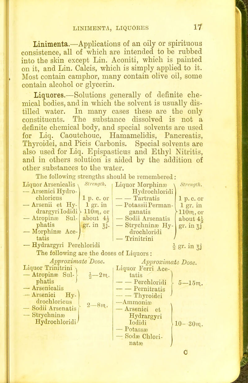 LINIMENTA, LIQUORES IT Linimenta.—Applications of an oily or spirituous consistence, all of which are intended to be rubbed into the skin except Lin. Aconiti, which is painted on it, and Lin. Calcis, which is simply applied to it. Most contain camphor, many contain olive oil, some contain alcohol or glycerin. Lic[uores.—Solutions generally of definite che- mical bodies, and in which the solvent is usually dis- tilled water. In many cases these are the only constituents. The substance dissolved is not a definite chemical body, and special solvents are used for Liq. Caoutchouc, Hamamelidis, Pancreatis, Thyroidei, and Picis Carbonis. Special solvents are also used for Liq. Epispasticus and Ethyl Nitritis, and in others solution is aided by the addition of other substances to the water. The following strengths should be remembered: Liquor Arseniealis \ nircngiit. — Arsenici Hydro chlorieus — Arsenii et Hy 1 p. c. or 1 gr. in )■ llOiti, or about 4i gr. in gf. drargyii lodidi Atropinas Sul- phatis Morphinfe Ace- tatis / Hydrargyri Perchloridi The following are the doses of Liquors Liquor Morphina3 \ l^trenrjth Hydrochloridi Tartratis — PotassiiPerman- ganatis — Sodii Arsenatis — Strychninaa Hy- drochloridi — Trinitrini 1 p. c. or 1 gr. in or about 4| / i gr- in §] Approximate Dose. Liquor Trinitrini ■, — Atropine Sul- - phatis ' — Arseniealis ^ — Arsenici Hy- drochloricus — Sodii Arsenatis i — Strychninffi Hydrochloridi'' i—2ni. 2—8111.. Approximate Dose. Liquor Ferri Ace- tatis I Perchloridi \ 5—1.5i-n,. Pernitratis Thyroidei —Ammonice — Arsenici et Hydrargyri lodidi ^10-30Ml. — Potassaa — SodfE Chlori- natse
