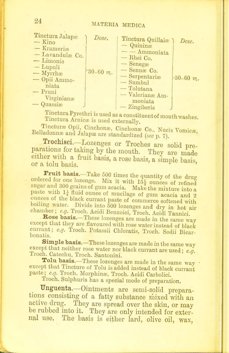 Tinctura Jalaprc — Kino — Kramerias — Lavandulaa Co. — Limonis — Lupuli — Myrrh 83 — Opii Ammo- niata — Pruni Virginianaa — Quassia; MATERIA MEDICA Dose. -30-60 in,. Tinctura Quillaia) — Quininte Ammoniata — Ehei Co. — Senegfe — Sennre Co. — Serpentariro — Sumbul — Tolutana — Valeriana; Am- Dosc. 30-60 in.. moniata — Zingiberis Tiwfnvo ^^^1 ^ eonstitueutof mouth washes, imctuia Arnica} is used externally. Tincturce Opii, CinchonaB, Cinchona; Co., Nucis Vomica} Belladonna} and Jalapte are standardized (Wp. 7). Trocliisci.-Lozenges or Troches are solid pre- parations for taking by the mouth. They are made either with a fruit basis, a rose basis, a simple basis, or a tolu basis. ' nvi l^asis.-Take 500 times the quantity of the drug ordered for one lozenge. Mix it with 15^ ounces of refiied Z^l •?! i 1T-T °^ S^^ tl^e ^i-ture into a paste wi h lA fluid ounce of mucilage of gum acacia and 2 ounces of the black currant paste of commerce softened with boihng water. Divide into 500 lozenges and dry in hot air chaniber; c^g. Troch. Acidi Benzoici, Troch. Acidi Tannici Kose basis.—These lozenges are made in the same way except that they are flavoured with rose water instead of black currant; e.g. Troch. Potassii Chloratis, Troch. Sodii Bicar- bonatis. Simple basis.—These lozenges are made in the same way except that neither rose water nor black currant are used: c a Troch. Catechu, Troch. Santonini. Tolu basis.—These lozenges are made in the same way - except that Tincture of Tolu is added instead of black currant paste; e.g. Troch. Morphina), Troch. Acidi Carbolici. Troch. Sulphuris has a special mode of preparation. _ Unguenta.—Ointments are semi-sohd prepara- tions consisting of a fatty substance mixed with an active drug. They are spread over the skin, or may be rubbed into it. They are only intended for exter- na,! use, The basis is either lard, olive oil, wax,