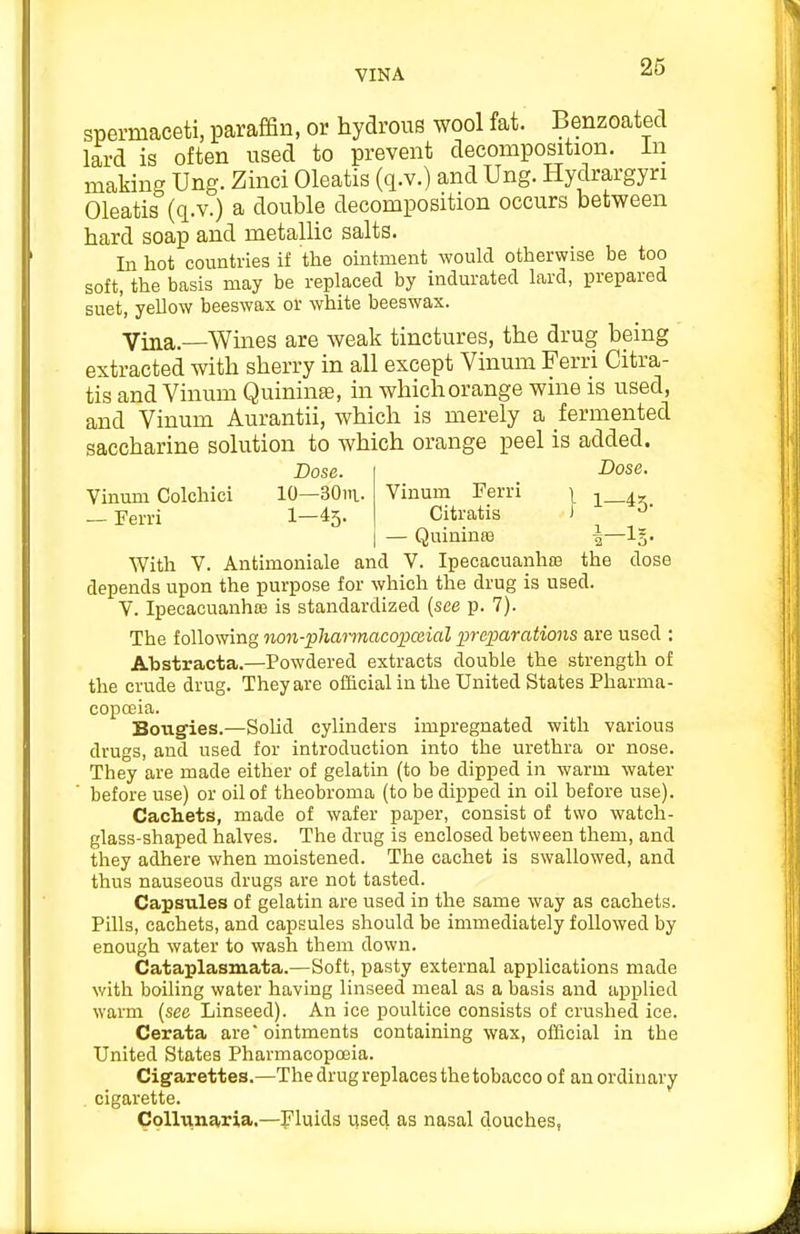 VINA spermaceti, paraffin, or hydrous wool fat. Benzoated lard is often used to prevent decomposition, in making Ung. Zinci Oleatis (q.v.) and Ung. Hydrargyn Oleatis (q.v.) a double decomposition occurs between hard soap and metallic salts. In hot countries if the ointment would otherwise be too soft, the basis may be replaced by indurated lard, prepared suet, yellow beeswax or white beeswax. Vina.—Wmes are weak tinctures, the drug being extracted with sherry in all except Vinum Ferri Citra- tis and Vinum Quininte, in which orange wme is used, and Vinum Aurantii, which is merely a fermented saccharine solution to which orange peel is added. With V. Antimoniale and V. IpeeacuanhfB the dose depends upon the purpose for which the drug is used. V. Ipecacuanhce is standardized (see p. 7). The following non-pharmacopcaial preparations are used : Abstracta.—Powdered extracts double the strength of the crude drug. They are official in the United States Pharma- copcEia. Bougies.—SoUd cylinders impregnated with various drugs, and used for introduction into the urethra or nose. They are made either of gelatin (to be dipped in warm water before use) or oil of theobroma (to be dipped in oil before use). Cachets, made of wafer paper, consist of two watch- glass-shaped halves. The drug is enclosed between them, and they adhere when moistened. The cachet is swallowed, and thus nauseous drugs are not tasted. Capsules of gelatin are used in the same way as cachets. Pills, cachets, and capsules should be immediately followed by enough water to wash them down. Cataplasmata.—Soft, pasty external applications made with boiling water having linseed meal as a basis and applied warm (see Linseed). An ice poultice consists of crushed ice. Cerata are ointments containing wax, official in the United States Pharmacopoeia. Cigarettes.—The drug replaces the tobacco of an ordinary cigarette. CoUunaria.—Fluids iiseci as nasal douches, Bose. 10—30111. Vinum Perri 1—45. Citratis Dose. Vinum Colchici — Perri — Quininaa