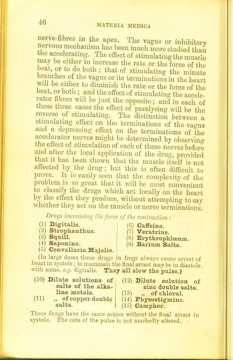 MATEBIA MEDICA nerve-fibres m the apex. The vagus or inhibitory nervous meehamsm has been much more studied than the acceleratmg. The effect of stimulating the muscle may be either to mcrease the rate or the force of the beat, or to do both; that of stimulating the minute blanches of the vagus or its terminations in the heart will be either to dimmish the rate or the force of the beat, or both ; and the effect of stimulating the accele- rator fibres will be just the opposite ; and in each of these three cases the effect of paralysing will be the reverse of stimulating. The distinction between a stimulating effect on the terminations of the va<^us and a depressing effect on the terminations of the accelerator nerves might be determined by observing the effect of stimulation of each of these nerves before and after the local apphcation of the drug, provided that it has been shown that the muscle itself is not affected by the drug ; but this is often difficult to prove. It is easily seen that the complexity of the problem is so great that it will be most convenient to classify the drugs which act locally on the heart by the effect they produce, without attempting to say whether they act on the muscle or nerve terminations. Drugs increasing ike force of the contraction : (1) Digitalis. (2) Strophanthus. (3) Squill. (4) Saponine. (5) Convallaria Majalis. (6) CaiFeine. (7) Veratrine. (8) Erythrophloeviin. (9) Barium Salts. (In large doses these drugs in frogs always cause arrest of heart in systole; in mammals the final arrest may be in diastole with some, e.g. digitalis. They all slow the pulse.) (10) Dihite solutions of salts of the alka- line metals. (11) ,, of copper double salts. (12) Dihite solution of zinc double salts. (13) „ of chloral. (14) Pliysostigmine. (15) Camphor. These drugs have the same action without the final arrest in systole. The rate of the pulse is not markedly altered.