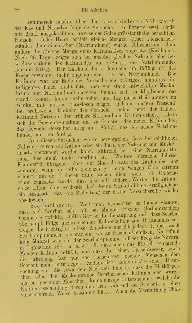 Kemmerich machte über den verschiedenen Nährwerth der Ka- und Na-salze folgende Versuche. Er fütterte zwei Hunde mit 2 mal ausgekochtem, also seiner Salze grösstentheils beraubtem Fleisch. Jeder Hund erhielt gleiche Mengen dieser Fieischrück- stände; dem einen aber (Natriurahund) wurde Ohlornatrium, dem andern die gleiche Menge eines Kaliumsalzes zugesetzt (Kalihund). Nach 26 Tagen zeigte sich bei absolut gleicher Nahrung eine Ge- wichtszunahme des Kalihundes um 2085 g , des Natriumhundes nur um 810 g. Der Kalihund hatte demnach um 1275 g. ('A des Körpergewichts) mehr zugenommen, als der Natriumhund. Der Kalihund war am Ende des Versuchs ein kräftiges, munteres, in- telligentes Thier, nicht fett, aber von stark entwickelter Musku- latur; der Natriumhund dagegen befand sich in kläglichem Zu- stand, konnte kaum mehr gehen und lag meist theilnahmlos im Winkel mit matten, glanzlosen Augen und nur ungern fressend. Bei probeweiser Umkehr des Versuchs, indem jetzt der frühere Kalihund Natrium, der frühere Natriumhund Kalium erhielt, kehrte sich die Gewichtszunahme um zu Gunsten des neuen Kalihundes; das Gewicht desselben stieg um 1850 g., das des neuen Natrmm- hundes nur um 530 g. ^ , • i.t i. Aus diesen Versuchen würde hervorgehen, dass bei reichlicher Nahrung durch die Kaliumsalze ein Theil der Nahrung zum Muskel- ansatz verwendet werden kann, während bei renier Natnurafutte- rung dies nicht mehr möglich ist. Weitere Versuche lehrten Kemmerich übrigens, dass der Muskelansatz des Kalihundes nur zunahm, wenn derselbe gleichzeitig kleine Mengen Chlornatrium erhielt, auf der früheren Stufe stehen blieb, wenn kein Chlorna- trium zugesetzt wurde; dass also mit anderen Worten d.e Kalium- salze allein ohne Kochsalz doch keine Muskelbildung ermöglichen: ein Resultat, das die Bedeutung der ersten Versuchsreihe wieder '^''Sbuttheorie. Weil man beobachtet zu haben glaubte dass sich Scorbut sehr oft bei Mangel frischer (kaliumreicher) Gemüse entwickle, stellte Garrod die Behauptung auf, dass Scorbut Saupt Folge inzureichender Kaliumzufuhr zum Org-ismus se. Gesen die Richtigkeit dieser Annahme spricht jedoch 1. dass auch Sco'rbutepidemiee'n ausbrachen, wo - ^sc en G— kein Mangel war (in der Scorbutepidemie auf dei Fregatte i^ovara ?.!ntHdt 1871 u s w); 2. dass auch das Fleisch genugende als bei gesunden Menschen; keine einzige ^Y^'^f^^^^^^^^^^^ -^^