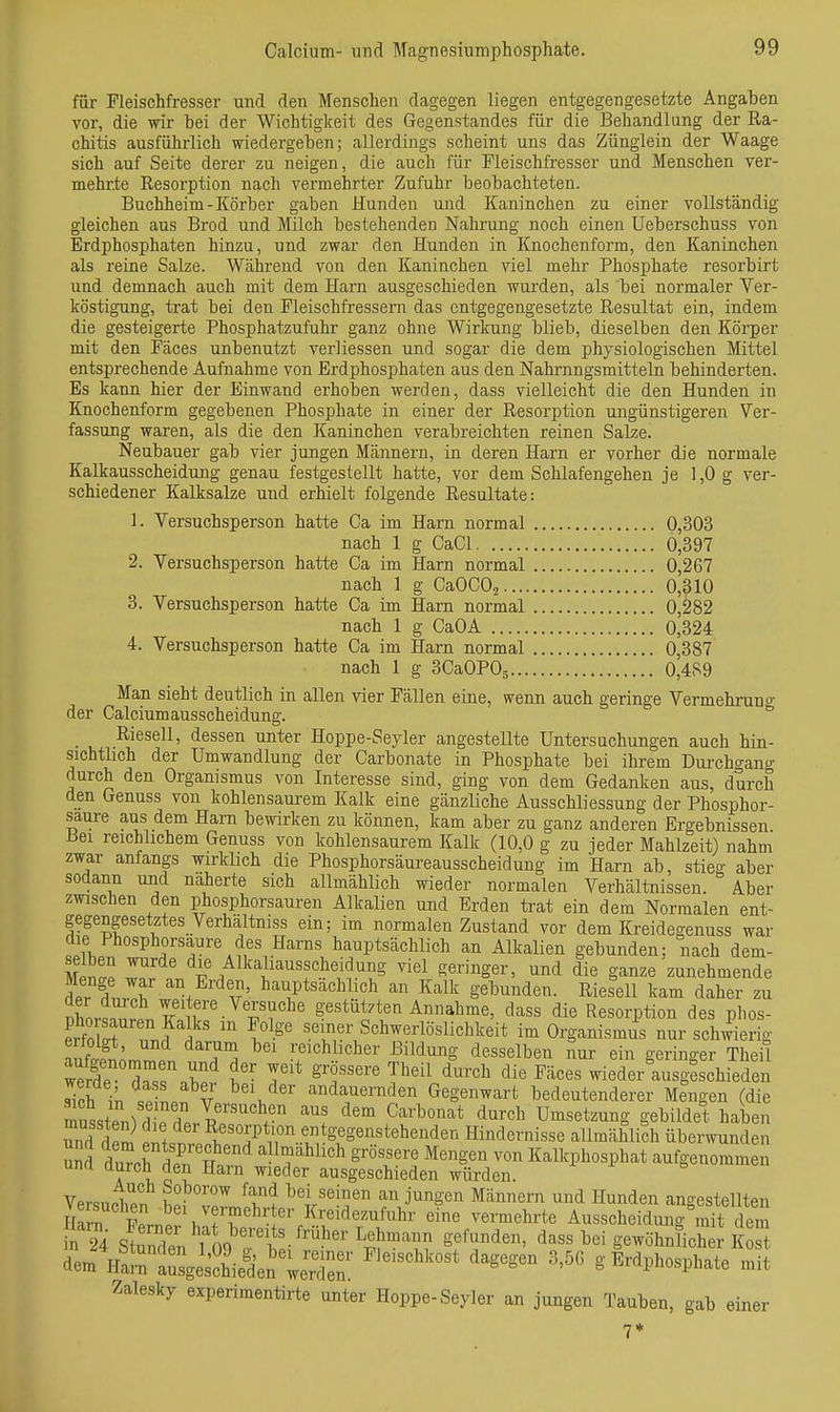 für Fleischfresser und den Menschen dagegen liegen entgegengesetzte Angaben vor, die -wir bei der Wichtigkeit des Gegenstandes für die Behandlung der Ra- chitis ausführlich wiedergeben; allerdings scheint uns das Zünglein der Waage sich auf Seite derer zu neigen, die auch für Fleischfresser und Menschen ver- mehrte Resorption nach vermehrter Zufuhr beobachteten. Buchheim-Körber gaben Hunden und Kaninchen zu einer vollständig gleichen aus Brod und Milch bestehenden Nahrung noch einen Ueberschuss von Erdphosphaten hinzu, und zwar den Hunden in Knochenform, den Kaninchen als reine Salze. Während von den Kaninchen viel mehr Phosphate resorbirt und demnach auch mit dem Harn ausgeschieden wurden, als bei normaler Ver- köstigung, trat bei den Fleischfressern das entgegengesetzte Resultat ein, indem die gesteigerte Phosphatzufuhr ganz ohne Wirkung blieb, dieselben den Körper mit den Fäces unbenutzt verliessen und sogar die dem physiologischen Mittel entsprechende Aufnahme von Erdphosphaten aus den Nahrungsmitteln behinderten. Es kann hier der Einwand erhoben werden, dass vielleicht die den Hunden in Knochenform gegebenen Phosphate in einer der Resorption ungünstigeren Ver- fassung waren, als die den Kaninchen verabreichten reinen Salze. Neubauer gab vier jungen Männern, in deren Harn er vorher die normale Kalkausscheidung genau festgestellt hatte, vor dem Schlafengehen je 1,0 g ver- schiedener Kalksalze und erhielt folgende Resultate: 1. Versuchsperson hatte Ca im Harn normal 0,303 nach 1 g CaCl 0,397 2. Versuchsperson hatte Ca im Harn normal 0,267 nach 1 g CaOCO^ 0,310 3. Versuchsperson hatte Ca im Harn normal 0,282 nach 1 g CaOA 0,324 4. Versuchsperson hatte Ca im Harn normal 0,387 nach 1 g 3CaOPOg o'4S9 Man sieht deutlich in allen vier Fällen eine, wenn auch geringe Vermehruno- der Calciumausscheidung. ° Rieselt, dessen unter Hoppe-Seyler angestellte Untersuchungen auch hin- sichtlich der Umwandlung der Carbonate in Phosphate bei ihrem Dm-chgang durch den Organismus von Interesse sind, ging von dem Gedanken aus, durch den Genuss von kohlensaurem Kalk eine gänzliche Ausschliessung der Phosphor- sam-e aus dem Harn bewirken zu können, kam aber zu ganz anderen Ergebnissen. Bei reichlichem Genuss von kohlensaurem Kalk (10,0 g zu jeder Mahlzeit) nahm zwar anfangs wirklich die Phosphorsäureausscheidung im Harn ab, stieg aber sodann und näherte sich allmählich wieder normalen Verhältnissen. Aber zwischen den phosphorsauren Alkalien und Erden trat ein dem Normalen ent- gegengesetztes_Verhä^ltniss ein; im normalen Zustand vor dem Kreidegenuss war die Phosphorsaure des Harns hauptsächlich an Alkalien gebunden; nach dem- CrZ r <iie/lka;iausscheidung viel geringer, und die ganze zunehmende Menge war an Erden, hauptsächlich an Kalk gebunden. RieseU kam daher zu vhJZrt7lt'' VV^' gestützten Annahme, dass die Resorption des phos- erfS J 1°^^' seiner Schwerlöslichkeit im Organismus nur schwierig antS^r^rf ^^if'Wicher Bildung desselben nur ein geringer Theil Ä r i'' ^T''' '^^'•^^^ ^^-^«e« wiederlusgeschieden 1 V ^V^''' ^dauernden Gegenwart bedeutenderer Mengen (die 2s4n) d e Tor r^l ^'^ Pf Umsetzung gebildet haben und rlpS Resorption entgegenstehenden Hindernisse allmählich überwunden duTcrdrHr^^ ''r^''^ ^^'^^en von Kalkphosphat aufgenommen una aurch den Ilarn wieder ausgeschieden würden. VersucliP? SfT'' feei seinen an jungen Männern und Hunden angestellten ll?rn Fp J , fT'^' eine vermehrte Ausscheidung mit dem i 24 iSL To^Tt''^^^^^ '''T'''''' ^^'^^^^^ gewöhnlichen' t demVa™ a^iesSiein'wden' '''''''' '''' ^ ^-''^Pl-^Pl^^te mit Zalesky experimentirte unter Hoppe-Seyler an jungen Tauben, gab einer 7*