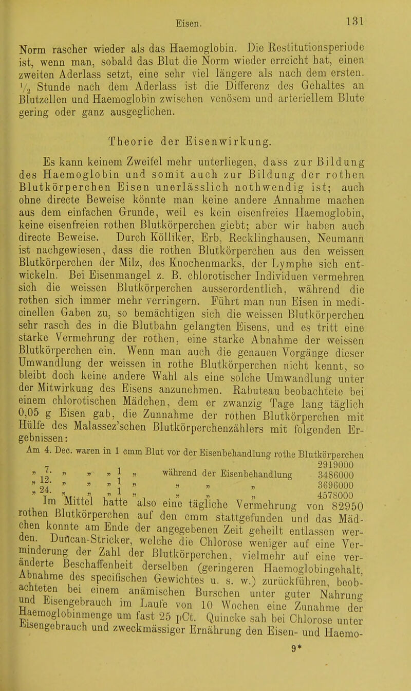 Norm rascher wieder als das Haemoglobin. Die Restitutionsperiode ist, wenn man, sobald das Blut die Norm wieder erreicht hat, einen zweiten Aderlass setzt, eine sehr viel längere als nach dem ersten. '/2 Stunde nach dem Aderlass ist die Differenz des Gehaltes an Blutzellen und Haemoglobin zwischen venösem und arteriellem Blute gering oder ganz ausgeglichen. Theorie der Eisenwirkung. Es kann keinom Zweifel mehr unterliegen, dass zur Bildung des Haemoglobin und somit auch zur Bildung der rothen Blutkörperchen Eisen unerlässlich nothwendig ist; auch ohne directe Beweise könnte man keine andere Annahme machen aus dem einfachen Grunde, weil es kein eisenfreies Haemoglobin, keine eisenfreieu rothen Blutkörperchen giebt; aber wir haben auch directe Beweise. Durch KöUiker, Erb, Recklinghausen, Neumann ist nachgewiesen, dass die rothen Blutkörperchen aus den weissen Blutkörperchen der Milz, des Knochenmarks, der Lymphe sich ent- wickeln. Bei Eisenmangel z. B. chlorotischer Individuen vermehren sich die weissen Blutkörperchen ausserordentlich, während die rothen sich immer mehr verringern. Führt man nun Eisen in medi- cinellen Gaben zu, so bemächtigen sich die weissen Blutkörperchen sehr rasch des in die Blutbahn gelangten Eisens, und es tritt eine starke Vermehrung der rothen, eine starke Abnahme der weissen Blutkörperchen ein. Wenn man auch die genauen Vorgänge dieser Umwandlung der weissen in rothe Blutkörperchen nicht kennt, so bleibt doch keine andere Wahl als eine solche Umwandlung unter der Mitwirkung des Eisens anzunehmen. Rabuteau beobachtete bei emem chlorotischen Mädchen, dem er zwanzig Tage lang täglich 0^05 g Eisen gab, die Zunnahme der rothen Blutkörperchen mit Hülfe des Malassez'schen Blutkörperchenzählers mit folgenden Er- gebnissen : Am 4. Dec. waren in 1 cmm Blat vor der Eisenbehandlung rothe Blutkörperchen 7 . 2919000  » » « 1 « während der Eisenhehandlung 3486000  of    }   « « 3696000  liU i A  ^ •   4578000 +v also eme tägliche Vermehrung von 82950 rothen Blutkörperchen auf den cmm stattgefunden und das Mäd- chen konnte am Ende der angegebenen Zeit geheilt entlassen wer- den. Duncan-Stricker, welche die Chlorose weniger auf eine Ver- minderung der Zahl der Blutkörperchen, vielmehr auf eine ver- änderte Beschaffenheit derselben (geringeren Haemoglobiiigehalt Abnahme des specifischen Gewichtes u. s. w.) zurückführen, beob- achteten bei einem anämischen Burschen unter guter Nahrung und Eisengebrauch im Laufe von 10 Wochen eine Zunahme der W!br. T'? ^^ I'^*^- ^^'^'^^ ^^^^ G'^^orose unter Jiisengebrauch und zweckmassiger Ernährung den Eisen- und Haemo- 9*