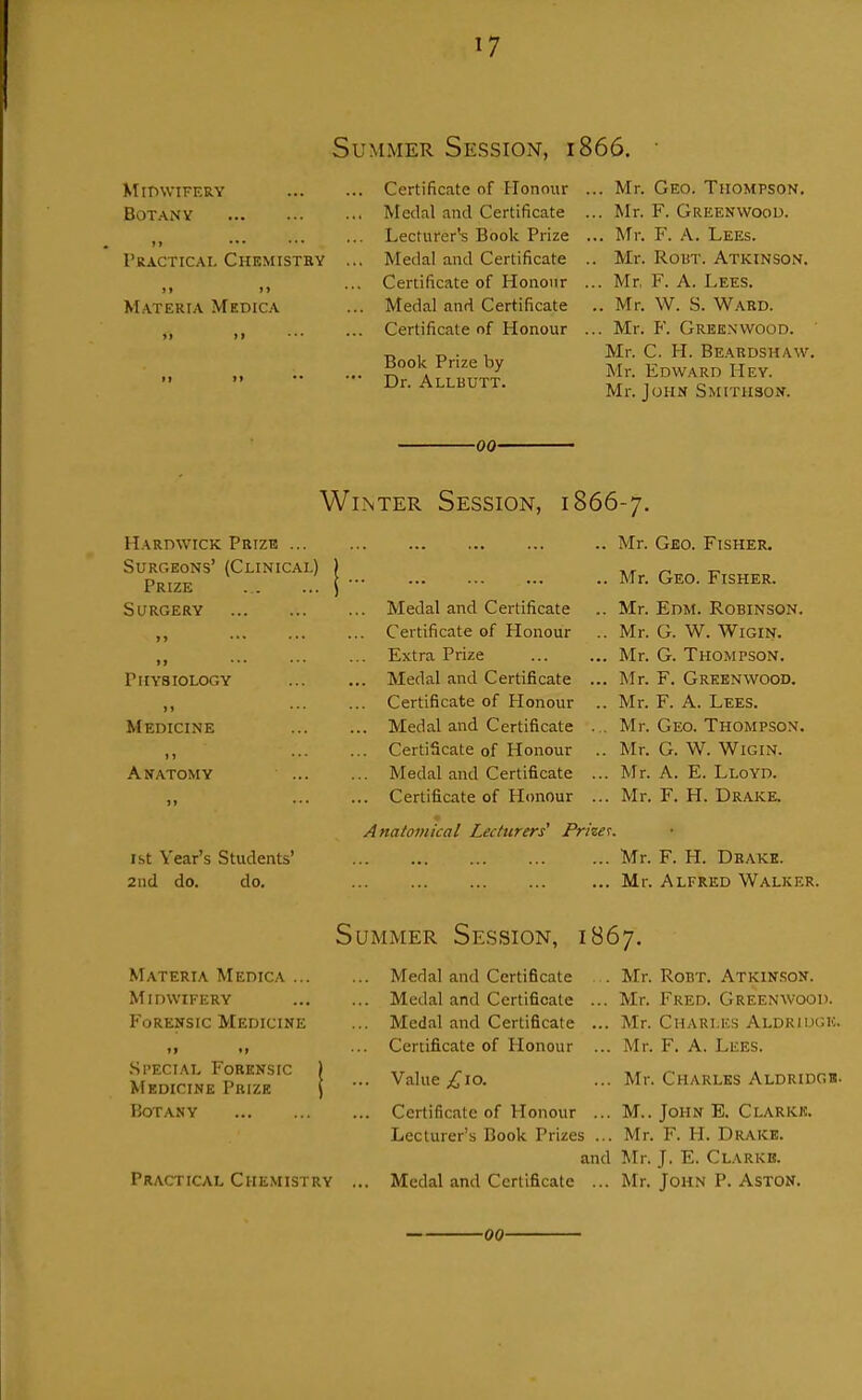 Summer Session, 1866. MimVIFF.RY Botany It •'• rRACTICAI. CHEMISTBY Materia Medica Certificate Medal and Lecturer's Medal and Certificate Medal and Certificate of Honour Certificate Book Prize Certificate of Honour Certificate of Honour Book Prize by Dr. Allbutt. . Mr. Geo. Thompson. . Mr. F. Greenwood. . Mr. F. A. Lees. Mr. Rout. Atkinson. . Mr F. A. Lees. . Mr. \V. S. Ward. . Mr. F. Greewvood. Mr. C. H. Beardshaw. Mr. Edward Hey. Mr. John Smithson. -00- Wlnter Session, 1866-7. Hard\vick Pbizb ... Surgeons' (Clinical) Prize Surgery Physiology >> Medicine t > Anatomy 1st Year's Students' 2nd do. do. .. Medal and Certificate .. Certificate of Honour Extra Prize .. Medal and Certificate .. Certificate of Honour .. Medal and Certificate Certificate of Honour .. Medal and Certificate .. Certificate of Honour Analo7nical Lecturers' Prizet. Mr. Geo. Fisher. Mr. Geo. Fisher, Mr. Edm. Robinson. Mr. G. W. WiGiN. Mr. G. Thompson. Mr. F. Greenwood. Mr. F. A. Lees. Mr. Geo. Thompson. Mr. G. W. WiGiN. Mr. A. E. Lloyd. Mr. F. H. Drake. Mr. F. H. Drake. Mr. Alfred Walker. Summer Session, 1867. Materia Medica ... Midwifery Forensic Medicine i> 'I .Special Forensic Medicine Prize Botany Practical Chemistry Medal and Certificate Medal and Certificate Medal and Certificate Certifi.cate of Honour Value £10. Mr. RoBT. Atkinson. Mr. Fred. Greenwood. Mr. Chari.es Aldriugk. Mr. F. a. Lees. Mr. Charles Aldridgb. Certificate of Honour ... M.. John E. Clarke. Lecturer's Book Prizes ... Mr. F. H. Drake. and Mr. J. E. Clarkb. Medal and Certificate ... Mr. John P. Aston. 00