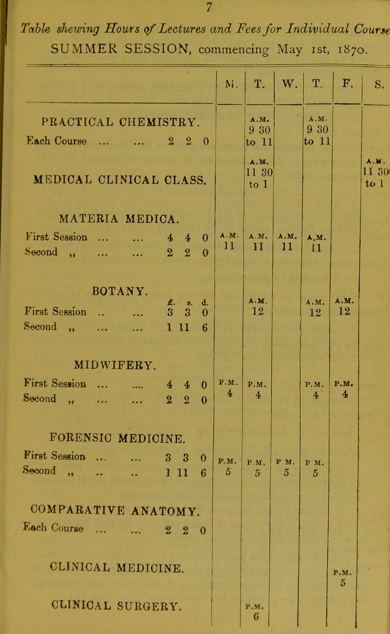 Table shewing Hours of Lectures and Fees for Individual Course SUMMER SESSION, commencing May ist, 187a. PRA.CTICAL CHEMISTRY. Each Course ... ... 2 2 0 MEDICAL CLINICAL CLASS. MATERIA MEDICA. First Session ... ... 4 4 0 Second „ 2 2 0 M. A.M. 11 BOTANY. First Session Second „ £. 8. d. 3 3 0 1 11 6 MIDWIFERY. First Session 4 4 0 Second 2 2 0 FORENSIC MEDICINE. First Session ... ... 3 3 0 Second 1 11 6 COMPARATIVE ANATOMY. Each Course 2 2 0 CLINICAL MEDICINE. CLINICAL SURGERY. P.M. 4 T. A.M. 9 30 to 11 A.M. II 30 to 1 A.M. 11 w. A.M. 12 P.M. 4 P.M. 5 P.M. 5 P.M. 6 A.M. 11 T. A.M 9 30 to 11 A.M. 11 A.M. 12 P M. 5 P.M. 4 P M. 5 A.Jtf. II 30 to 1 A.M. 12 P.M. 4 P.M. 6