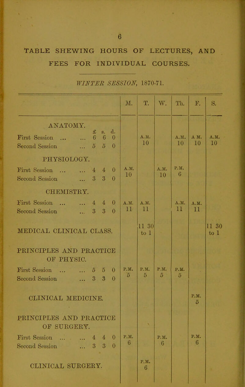 TABLE SHEWING HOURS OF LECTURES, AND FEES FOR INDIVIDUAL COURSES. WINTER SESSION, 1870-71. ANATOMY. s. d. First Session ... 6 6 0 Second Session 5 5 0 PHYSIOLOGY. First Session ... 4 4 0 Second Session 3 3 0 CHEMISTRY. First Session ... 4 4 0 Second Session 3 3 0 MEDICAL CLINICAL CLASS. PRINCIPLES AND PRACTICE OF PHYSIC. First Session ... ... 5 5 0 Second Session ... 3 3 0 CLINICAL MEDICINE. PRINCIPLES AND PRACTICE OF SURGERY. First Session ... ... 4 4 0 Second Session ... 3 3 0 CLINICAL SURGERY. A.M. 10 A.M. 11 P.M. 5 P.M. 6 T. A.M. 10 A.M. 11 11 30 to 1 P.M. 5 P.M. 6 W. A.M. 10 P.M. P.M. 6 Th. A.M. 10 P.M. 6 A.M. 11 P.M. 5 F. A M. 10 A.M. 11 P.M. 5 P.M. 6