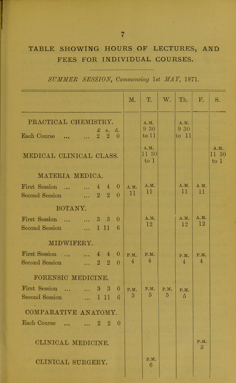 1^ TABLE SHOWING HOURS OF LECTURES, AND FEES FOR INDIVIDUAL COURSES. SUMMER SESSION, Commencing 1st MAY, 1871. M. T. W. Th. F. S. PRACTICAL CHEMISTRY. £ 8. Each Course ... ... 2 2 d. 0 A.M. 9 30 to 11 A.M. A.M. 9 30 to 11 A.M. MEDICAL CLINICAL CLASS. 11 .30 to 1 11 30 to 1 MATERIA MEDICA. Fii'st Session ... ... 4 4 Second Session ... 2 2 0 0 A.M. 11 A.M. 11 A.M. 11 AM. 11 BOTANY. First Session 3 3 Second Session ... Ill 0 6 A.M. 12 A.M. 12 A.M. 12 MIDWIFERY. First Session ... ... 4 4 0 P.M. P.M. P.M. P.M. Second Session ... 2 2 0 4 4 4 4 FORENSIC MEDICINE. First Session 3 3 0 P.M. P.M. P.M. P.M. Second Session ... 1 11 6 5 6 5 5 COMPARATIVE ANATOMY. Each Course ... ... 2 2 0 CLINICAL MEDICINE. P.M. 5 CLINICAL SURGERY. P.M. 6