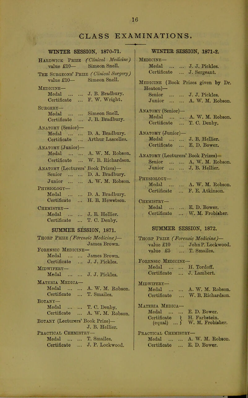 CLASS EXAMINATIONS, WINTER SESSION, 1870-71. Hahdwick Prize fClinical Medicine) value £10— Simeon Snell. The Surgeons' Prize (Clinical Surgery) value £10— Simeon SneU. Medicine— Medal Certificate Surgery— Medal Certificate Anatoity (Senior)- Medal Certificate Anatomy (Junior)— Medal Certificate Anatojiy (Lecturers' Senior Junior Physiology— Medal Certificate Chemistry— Medal Certificate J. B. Bradbury. F. W. Wright. Simeon SnelL J. B. Bradbury. D. A. Bradbury. Arthur Lascelles. A. W. M. Eobson. W. B. Richardson. Book Prizes)— D. A. Bradbury. A. W. M. Eobson. D. A. Bradbury. H. B. Hewetson. J. B. Hellier. T. C. Denby. SUMMER SESSION, 1871. Thorp Prize (Forensic Medicine)— James Brown. Forensic Medicine— Medal Certificate Midwifery— Medal Materia Medica- Medal Certificate Botany— Medal Certificate James Brown. J. J. Pickles. J. J. Pickles. A. W. M. Robson. T. Smailes. T. C. Denby. A, W. M. Robson. Botany (Lectvirers' Book Prize)— J. B. Hellier. Practical Chemistry— Medal T. Smailes. Certificate ... J. P. Lockwood. WINTER SESSION, 1871-2. Medicine— Medal J. J. Pickles. Certificate ... J. Sei^eant. Medicine (Book Prizes given by Dr. Heaton)— Senior J. J. Pickles. Junior A. W. M. Robson. Anatomy (Senior)— Medal A, W. M. Robson. Certificate ... T. C. Denby. Anatomy (Junior)— Medal J. B. Hellier. Certificate ... E. D. Bower. Anatomy (Lecturers' Book Prizes)— Senior A. W. M. Robson. Junior J. B. Hellier. Physiology— Medal ... Certificate Chemistry— Medal Certificate A. W. M. Robson. F. E. Atkinson. E. D. Bower. W. M. Frobi«her. SUMMER SESSION, 1872. Thorp Prize (Forensic Medicine)— value £10 ... John P. Lockwood. value £5 ... T. Smailes. Forensic Medicine— Medal H. Tordoff. Certificate ... J. Lambert. Midwifery— Medal Certificate Materia Medica— Medal Certificate ) (equal) ... ) A. W. M. Robson. W. B. Richardson. E. D. Bower. H. Farbstein. W. M. Frobisher. Practical Chemistry— Medal A. W. M. Robsou. Certificate ... E. D. Bower.