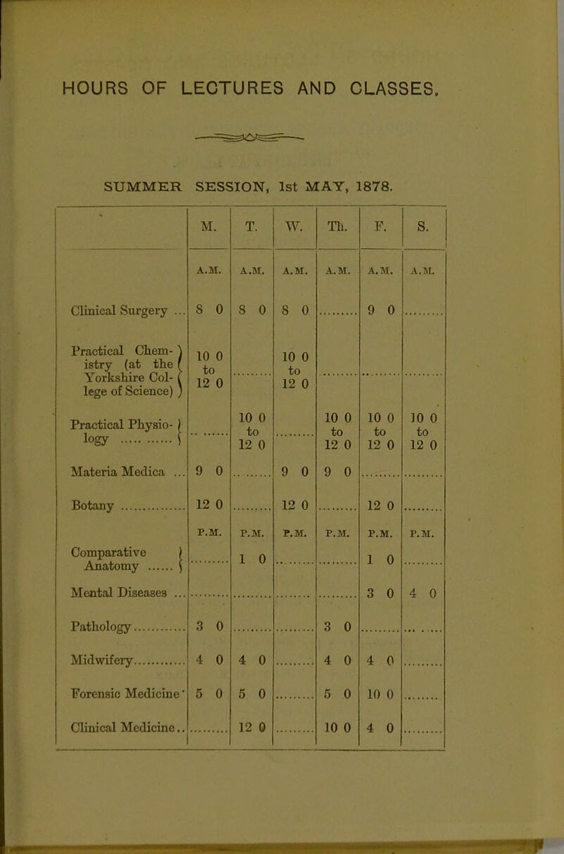 HOURS OF LECTURES AND CLASSES. SUMMER SESSION, 1st MAY, 1878. Clinical Surgery ... Practical Chem- istry (at the Yorkshire Col-1 lege of Science) Practical Physio- logy Materia Medica . Botany Comparative Anatomy . Pathology Midwifery Forensic Medicine' Clinical Medicine.. M. A.M. S 0 10 0 to 12 0 9 0 12 0 P.M. 3 0 4 0 5 0 A.M. 8 0 10 0 to 12 0 P.M. 1 0 4 0 5 0 12 0 W. A.M. 8 0 10 0 to 12 0 9 0 12 0 P.M. Th. A.M. 10 0 to 12 0 9 0 P.M. 3 0 4 0 5 0 10 0 A.M. 9 0 10 0 to 12 0 12 0 P.M. 1 0 4 0 10 0 4 0 A.M. 10 0 to 12 0 P.M.