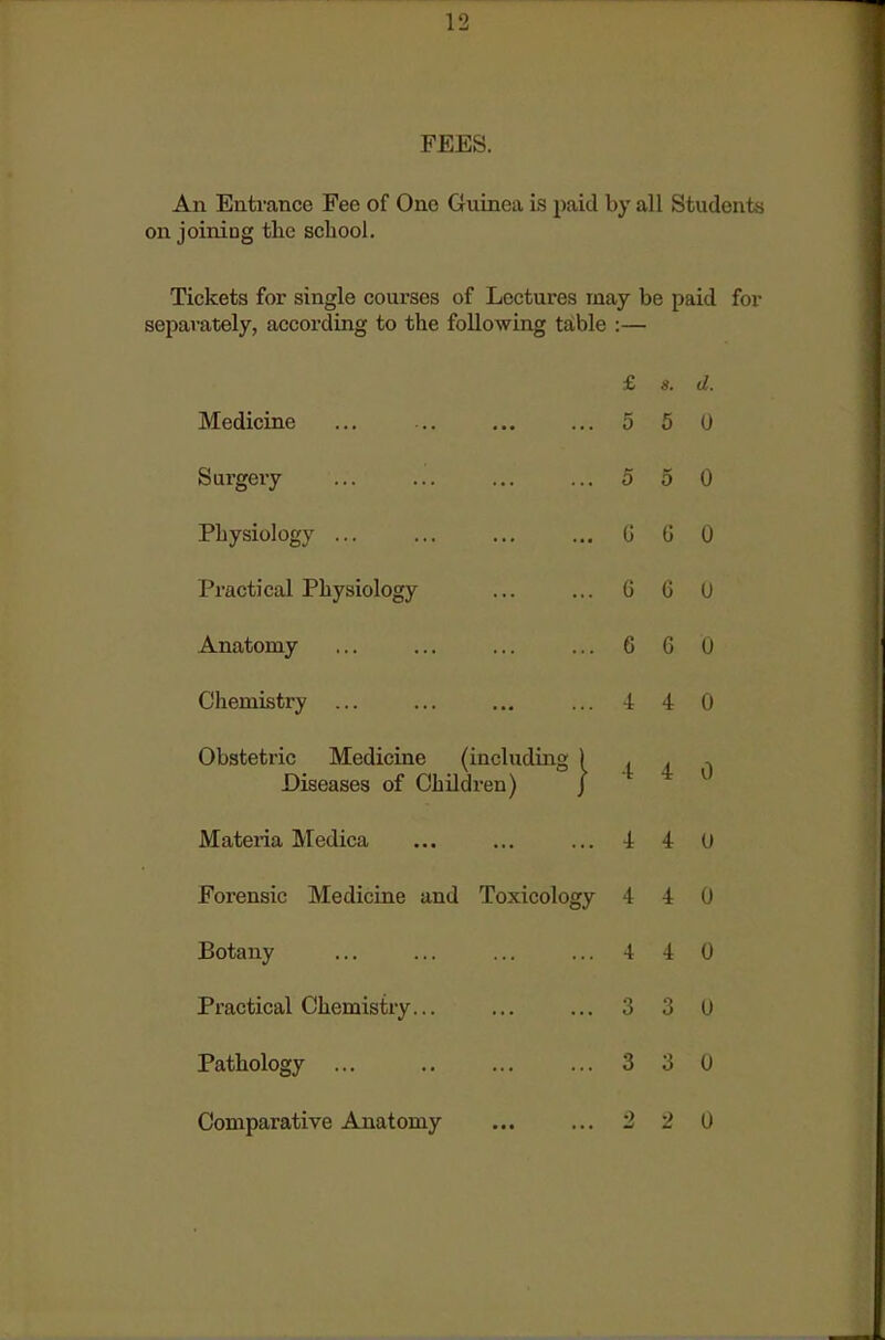 FEES. An Entrance Fee of One Guinea is paid by all Students on joining the school. Tickets for single courses of Lectures may be paid for separately, accoi'ding to the following taible :— Medicine Sargery Physiology ... Practical Physiology Anatomy Chemistry £ ». d. 5 5 0 5 5 0 0 0 0 0 6 0 6 G 0 -14 0 Obstetric Medicine (including I j: 4 ) Diseases of Children) J Mateiia Medica Forensic Medicine and Toxicology 4 4 0 Botany Practical Chemistry. Pathology ... Comparative Anatomy 4 4 0 4 4 0 3 3 0 3 3 0 •2 ■> 0