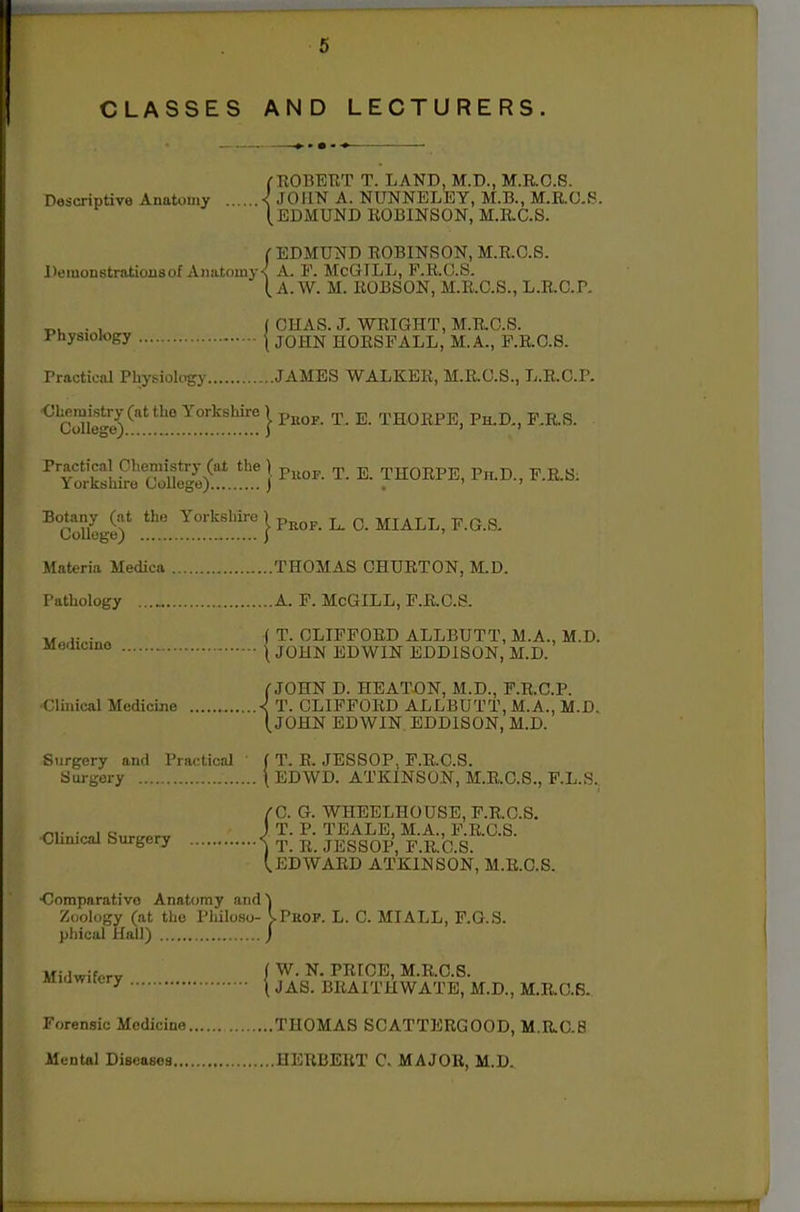 CLASSES AND LECTURERS. f ROBEr.T T. LAND, M.D., M.R.0.8. Descriptive Anatomy < JOHN A. NUNNELEY, M.B., M.R.O.S. (.EDMUND ROBINSON, M.R.C.S. (■EDMUND ROBINSON, M.R.O.S. Demonstrations of Anatomy < A. P. McGTLL, F.R.C.S. [a.W. M. ROBSON, M.E.C.S., L.R.C.P. ... . , ( GHAS. J. WRIGHT, M.R.C.S. Physiology I JOHN HORSFALL, M.A., P.R.C.8. Practical Physiology JAMES WALKER, M.KC.S., L.R.C.P. OLoiuistry (at the Yorkshire ) p^^^^ ^, ^ THORPE, Ph-D,, F,R.S. Collegej ) ' ' ToSS'SSf!..'!'! 1 T- E. THORPE, Ph.D., F.R.S; ^College)' } Prof. L. C. MIALL, F.G.S. Materia Medica THOMAS OHURTON, M.D. Pathology A. F. McGILL, F.R.C.S. w - „ ( T. CLIFFORD ALLBUTT, M.A., M.D. \ JOHN EDWIN EDDISON, M.D. (•JOHN D. HEATON, M.D., F.R.C.P. Clinical Medicine ■{ T. CLIFFORD ALLBUTT, M.A., M.D. (.JOHN EDWIN. EDDISON, M.D. Surgery and Practical f T. E. JESSOP, F.R.C.S. Sui-gery \ EDWD. ATKINSON, M.R.C.8., F.L.S.. /C. G. WHEELHOUSE, F.R.0.8, ni- ;.„i <i„.^.^ ) T- P. TEALE, M.A., F.R.O.S. Clmical Surgery < ^ JESSOP, F.R.O.S. (.EDWARD ATKINSON, M.R.O.S. ■Comparative Anatomy and) Zoology (at the Philoso- VProp. L. C. MIALL, F.G.S. phioal Hall) j Midwiforv f W. N. PRICE, M.R.C.8. ^^ \ JAS. BRAITUWATB, M.D., M.RO.R. Forensic Medicine THOMAS SCATTERGOOD, M.R.C.B Mental Diseases HERBERT C. MAJOR, M.D.