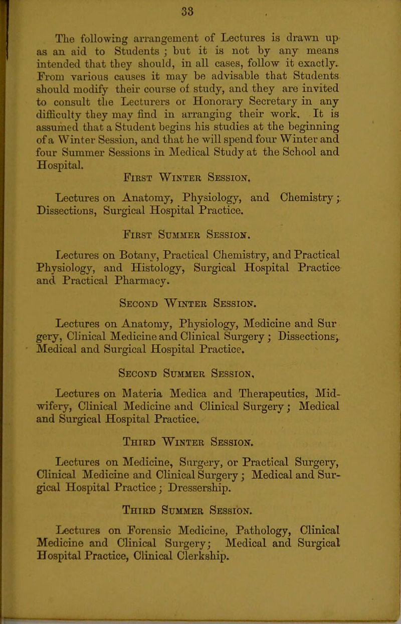 The following arrangement of Lectures is drawn up as an aid to Students ; but it is not by any means intended that tbey should, in all cases, follow it exactly. From various causes it may be advisable that Students should modify theii- course of study, and they are invited to consult the Lecturers or Honorary Secretary in any difficulty they may find in arranging their work. It is assumed that a Student begins his studies at the beginning of a Winter Session, and that he will spend four Winter and four Summer Sessions in Medical Study at the School and Hospital. First Winter Session. Lectures on Anatomy, Physiology, and Chemistry Dissections, Surgical Hospital Practice. First Summer Session. Lectures on Botany, Practical Chemistry, and Practical Physiology, and Histology, Surgical Hospital Practice and Practical Pharmacy. Second Winter Session. Lectures on Anatomy, Physiology, Medicine and Sur gery. Clinical Medicine and Clinical Surgery; Dissections^ Medical and Surgical Hospital Practice. Second Summer Session, Lectures on Materia Medica and Therapeutics, Mid- wifery, Clinical Medicine and Clinical Surgery; Medical and Surgical Hospital Practice. Third Winter Session. Lectures on Medicine, Surgery, or Practical Surgery, Clinical Medicine and Clinical Surgery; Medical and Sur- gical Hospital Practice; Dressership. Third Summer Session, Lectures on Forensic Medicine, Pathology, Clinical Medicine and Clinical Sui-gery; Medical and Surgical Hospital Practice, Clinical Clerkship.