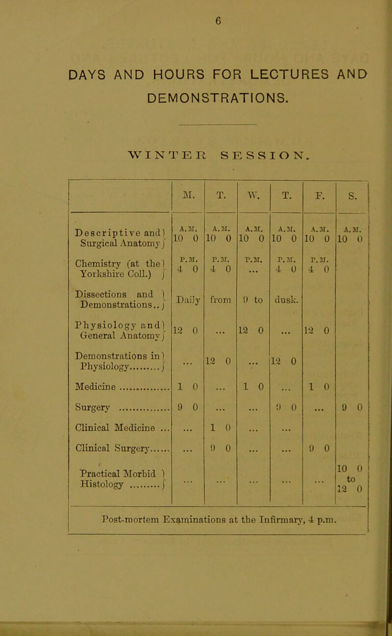 DAYS AND HOURS FOR LECTURES AND DEMONSTRATIONS. WINTER SESSION. M. T. W. T. F. s. Descriptive and) Surgical Anatomy / A.M. 10 0 A.M. 10 0 A.M. 10 0 A.M. 10 0 A.M. 10 0 A.M. 10 0 Chemistry (at the] Yorkshire CoU.) / P, M. 4 0 p. Br, 4 0 r.M, r. 31, 4 0 r. M. 4 0 Dissections and ) Demonstrations.. J DaiJy from !) to duslx. PhYsiolosrv and! General Anatomy] 12 0 12 0 12 0 Demonstrations inl 12 0 12 0 1 0 1 0 1 0 Surgery 9 0 1) 0 0 0 Clinical Medicine ... 1 0 !» 0 0 0 Practical IMorbid ) 10 0 to 12 0