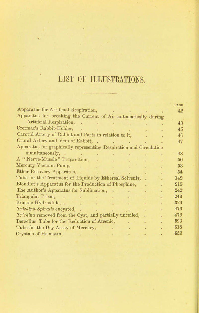 LIST OF ILLUSTEATIONS. PAGE Apparatus for Artificial Respiration, .... 42 Apparatus for breaking the Current of Air automatically during Artificial Respiration, ...... 43 Czermac's Rabbit-Holder, ...... 45 Carotid Artery of Rabbit and Parts in relation to it, . . 46 Crural Artery and Vein of Rabbit, ..... 47 Apparatus for graphically representing Respiration and Circulation simultaneously, ....... 48 A '' Nerve-Muscle Preparation, ..... 50 Mercury Vacuum Pump, ...... 53 JEther Recovery Apparatus, ...... 54 Tube for the Treatment of Liquids by Ethereal Solvents, . . 142 Blondlot's Apparatus for the Production of Phosphine, . . 215 The Author's Apparatus for Sublimation, .... 242 Triangular Prism, ....... 249 Brucine Hydriodide, ....... 326 Trichina Spiralis encysted, . . . . . . 476 Trichina removed from the Cyst, and partially uncoiled, . . 476 Berzelius' Tube for the Reduction of Arsenic, . . . 523 Tube for the Dry Assay of Mercury, .... 618 Crystals of Hsematin, ...... 652