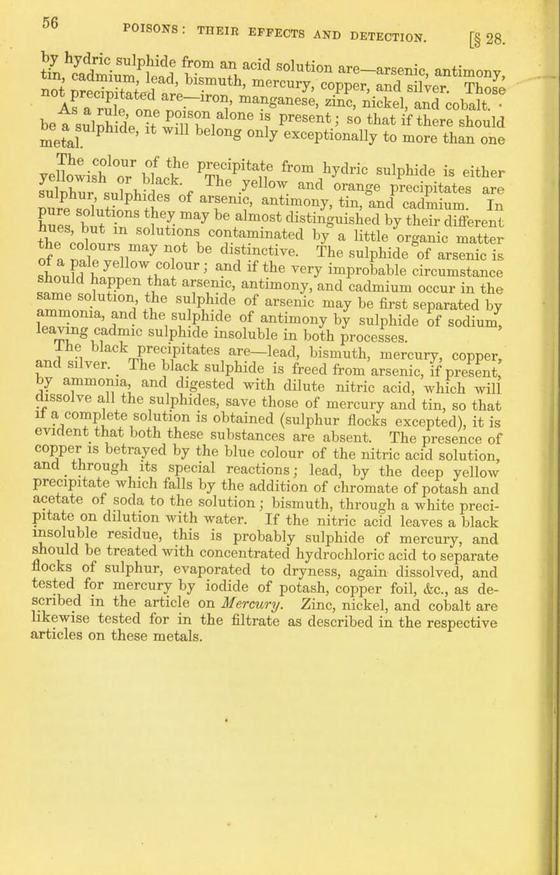 tin^^dtiu?S T.'^ are-arsenic, antimony, not prtTS.H ^'^y' ^°PP^^' Those ifa ru^ manganese, zinc, nickel, and cobalt. • be a sulpMe ?t '''' P^'^^^'^ if ^^^^e should metal ^ ' ^^^^^ ^^^^ exceptionally to more than one yelWis'h r bfack' ^Tb'P'^l' from hydric sulphide is either suChur .iZ>,S!rf The yellow and orange precipitates are Zr.Z' '^P^il' «f ^^f antimony, tin, and cadmium. In hues bit ?7 ^^ distinguished by their different the ^nt,* t solutions contaminated by a little organic matter of a distinctive. The sulphide of arsenic is .hnn?H ^ ^ .rl'''^ and If the very improbable circumstance t liappen that arsenic, antimony, and cadmium occur in the «rmnt ^ it '^^P^?' ^f ^'^^^^ ^« fi^'st separated by IpTSr 'T^ the su phide of antimony by sulphide of sodium, leaving cadmic sulphide insoluble in both processes. Ihe black precipitates are-lead, bismuth, mercury, copper, and silver. _ The black sulphide is freed from arsenic, if present by ammonia and digested with dilute nitric acid, which will dissolve all the sulphides, save those of mercury and tin, so that 11 a complete solution is obtained (sulphur flocks excepted), it is evident that both these substances are absent. The presence of copper is betrayed by the blue colour of the nitric acid solution, and through its special reactions; lead, by the deep yellow precipitate which falls by the addition of chromate of potash and acetate of soda to the solution; bismuth, through a white preci- pitate on dilution with water. If the nitric acid leaves a black insoluble residue, this is probably sulphide of mercury, and should be treated with concentrated hydrochloric acid to separate flocks of sulphur, evaporated to dryness, again dissolved, and tested for mercury by iodide of potash, copper foil, &c., as de- scribed in the article on Mercury/. Zinc, nickel, and cobalt are likewise tested for in the filtrate as described in the respective articles on these metals.