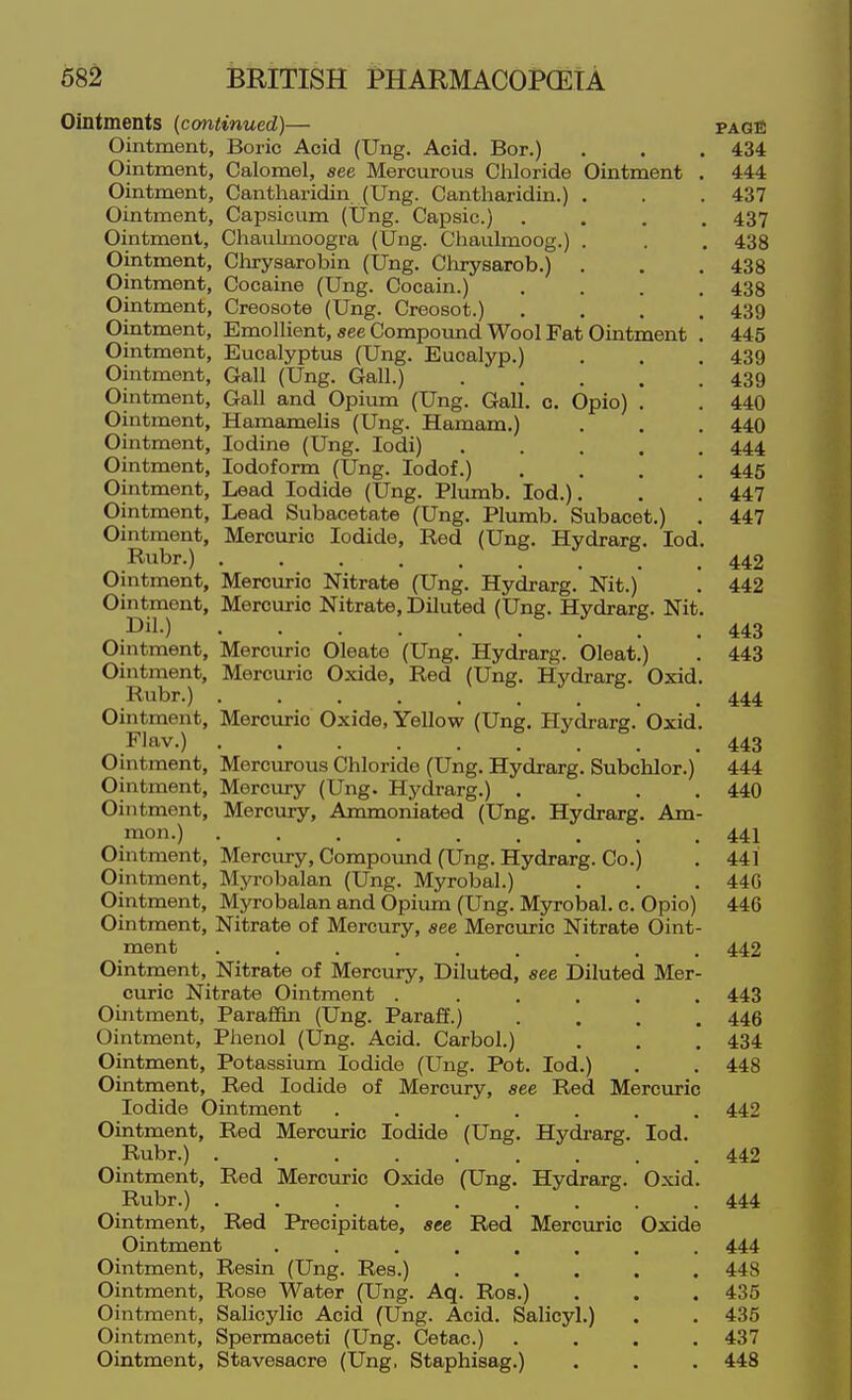 Ointments {continued)— pagb Ointment, Boric Acid (Ung. Acid. Bor.) . . . 434 Ointment, Calomel, see Mercurous Chloride Ointment . 444 Ointment, Cantharidin (Ung. Cantharidin.) . . . 437 Ointment, Cap.sicum (tJng. Capsic.) .... 437 Ointment, Chavilinoogra (Ung. Chaulmoog.) . . . 438 Ointment, Chrysarobin (Ung. Chrysarob.) . . . 438 Ointment, Cocaine (Ung. Cocain.) .... 438 Ointment, Creosote (Ung. Creosot.) .... 439 Ointment, Emollient, see Compoimd Wool Fat Ointment . 445 Ointment, Eucalyptus (Ung. Eucalyp.) . . . 439 Ointment, Gall (Ung. Gall.) 439 Ointment, Gall and Opium (Ung. Gall. c. Opio) . . 440 Ointment, Hamamelis (Ung. Hamam.) . . . 440 Ointment, Iodine (Ung. lodi) ..... 444 Ointment, Iodoform (Ung. lodof.) .... 445 Ointment, Lead Iodide (Ung. Plimib. lod.). . . 447 Ointment, Lead Subacetate (Ung. Plumb. Subacet.) . 447 Ointment, Mercuric Iodide, Red (Ung. Hydrarg. lod. Rubr.) ......... 442 Ointment, Mercuric Nitrate (Ung. Hydrarg. Nit.) . 442 Ointment, Mercuric Nitrate, Diluted (Ung. Hydrarg. Nit. .l^il-) 443 Ointment, Mercuric Oleate (Ung. Hydrarg. Oleat.) . 443 Ointment, Mercuric Oxide, Red (Ung. Hydrarg. Oxid. Rubr.) ......... 444 Ointment, Mercuric Oxide, Yellow (Ung. Hydrarg. Oxid. Flav.) 443 Ointment, Mercurous Chloride (Ung. Hydrarg. Subchlor.) 444 Ointment, Mercury (Ung. Hydrarg.) .... 440 Ointment, Mercury, Ammoniated (Ung. Hydrarg. Am- mon.) ......... 441 Ointment, Mercury, Compound (Ung. Hydrarg. Co.) . 441 Ointment, Myrobalan (Ung. Myrobal.) . . . 44G Ointment, Myrobalan and Opium (Ung. Myrobal. c. Opio) 446 Ointment, Nitrate of Mercury, see Mercuric Nitrate Oint- ment ......... 442 Ointment, Nitrate of Mercury, Diluted, «ee Diluted Mer- curic Nitrate Ointment . ..... 443 Ointment, Paraffin (Ung. ParafE.) .... 446 Ointment, Phenol (Ung. Acid. Carbol.) , , . 434 Ointment, Potassium Iodide (Ung. Pot. lod.) . . 448 Ointment, Red Iodide of Mercury, aee Red Mercuric Iodide Ointment ....... 442 Ointment, Red Mercuric Iodide (Ung. Hydrarg. lod. Rubr.) ......... 442 Ointment, Red Mercuric Oxide (Ung. Hydrarg. Oxid. Rubr.) 444 Ointment, Red Precipitate, see Red Mercuric Oxide Ointment ........ 444 Ointment, Resin (Ung. Res.) ..... 448 Ointment, Rose Water (Ung. Aq. Ros.) . . . 435 Ointment, Salicylic Acid (Ung. Acid. Salicyl.) . . 435 Ointment, Spermaceti (Ung. Cetac.) .... 437 Ointment, Stavesacre (Ung, Staphisag.) . . . 448