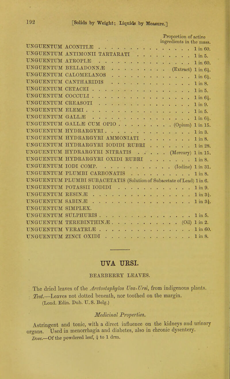 Proportion of active ingredients in the mass. UNGUENTUM ACONITI^ 1 in 60. UNGUENTUM ANTIMONII TARTARATI . 1 in 5. IJNGUENTUM ATROPI^ 1 in 60 UNGUENTUM BELLADONNiE  ' (Extract) 1 in 61 UNGUENTUM CALOMELANOS 1 in 6^. UNGUENTUM CANTHARIDIS ! . 1 in 8.' IJNGTJENTUM CETACEI 1 in 5' UNGUENTUM COCCULI 1 in 6^^. UNGUENTTJM CREASOTI 1 in 9^ TJNGUENTUM ELEMI 1 in 5. UNGUENTUM GALL^ 1 in 6^. UNGUENTUM GALL^ CTIM OPIO (Opium) 1 in 15. UNGUENTUM HYDRARGYRI 1 in 3. TJNGUENTTJM HYDRARGYRI AMMONIATI 1 in 8. UNGUENTUM HYDRARGYRI lODIDI RUBRI 1 in 28. UNGUENTUM HYDRARGYRI NITRATIS (Mercury) 1 in 15. UNGUENTUM HYDRARGYRI OXIDI RUBRI 1 in 8. UNGUENTUM lODI COMP (Iodine) 1 in 31. UNGUENTUM PLUMBI CARBONATIS 1 in 8. UNGUENTUM PLUMBI SUBACETATIS (Solution of Subacetate of Lead) linS. UNGUENTUM POTASSII lODIDI 1 in 9. UNGUENTUM RESINS 1 in 3^. UNGUENTUM SABINE 1 in 3^. UNGUENTUM SIMPLEX. UNGUENTUM SULPHURIS 1 in 5. UNGUENTUM TEREBINTHIN^ (OU) 1 in 2. UNGUENTUM VERATRI^ 1 in 60. UNGUENTUM ZINCI OXIDI 1 in 8. UVA URSI. BEARBERRY LEAVES. The dried leaves of the Ardostaphylos Um-Ursi, from indigenous plants. ijjtist.—Leaves not dotted beneath, nor toothed on the margin. (Lond. Edin. Dub. U. S. Belg.) Medicinal Properties. Astringent and tonic, with a direct influence on the kidneys and urinai organs. Used in menorrhagia and diabetes, also in chronic dysentery. Dose.—Oi the powdered leaf, i to 1 drm.