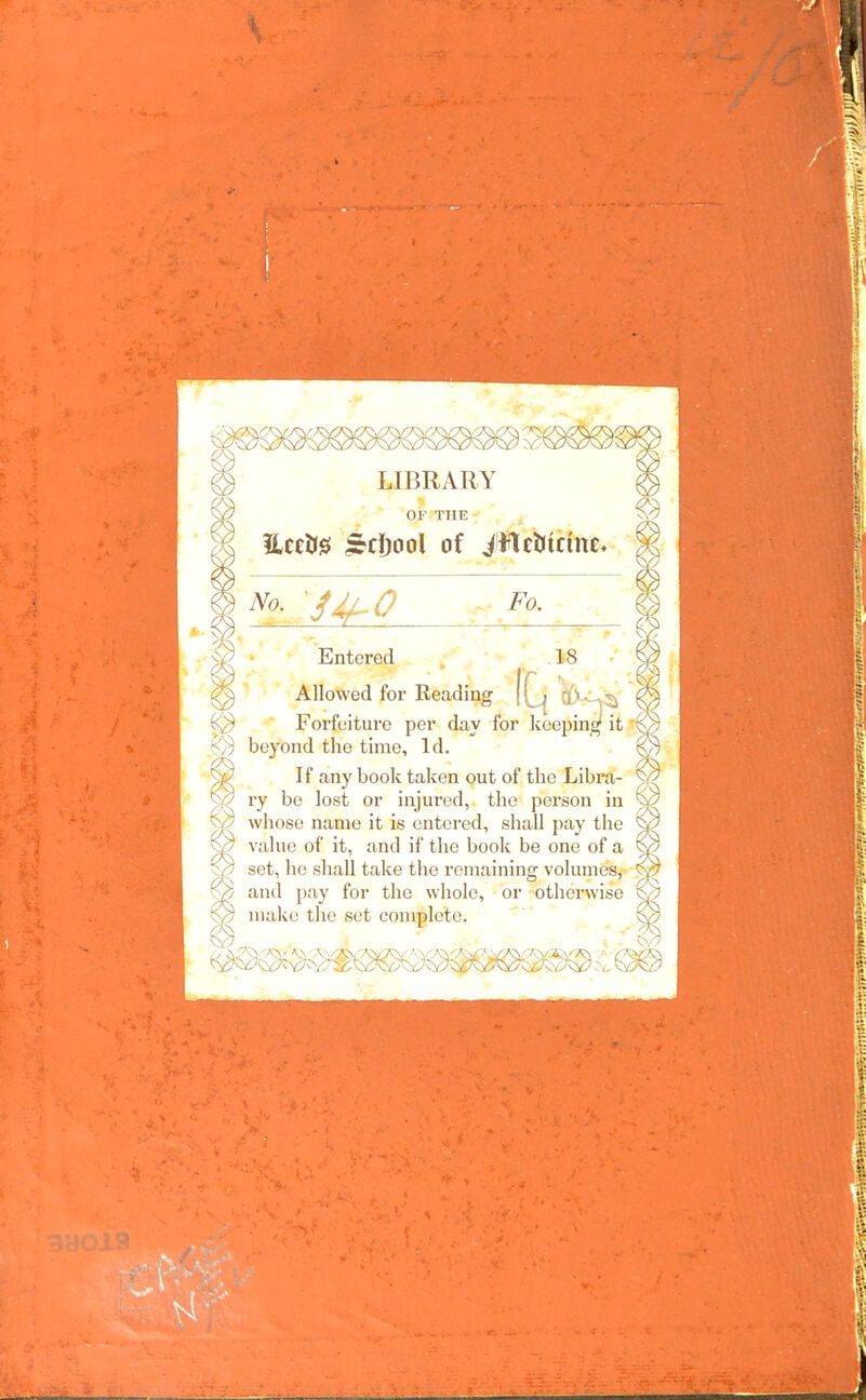 LIBRARY 01' THE Entered Allowed for Reading ^ Forfeiture per day for keeping it beyond the time. Id. © If any book taken out of the Libra- ry be lost or injured, the person in ^ whose name it is entered, shall pay the ^ value of it, and if the book be one of a ^ set, he shall take the remaining volumes, ^ and pay for the whole, or otherwise make the set complete.