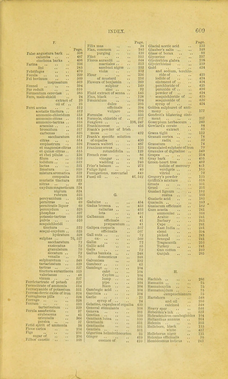 F. False angiistura bnrk .. ealumbii cincliona barks Fiirina lini Febrifuges Feciila Fel bovlnum inspissatiuii Fennel Fer reduit Fennentum cerertsJB .. Fern, male-shield extract of oil of .. Ferri ucetas acetatis tinctnra .. ammonio-chloridum ammonio-citras .. ammonio-tartras .. arsenias .. bromidum carbonas saccharatmn citras emplastrum et magnesiJE citras et quina3 citras .. et rhei piliilte .. filnin iodidum .. lactas limatura mistura aromatica coraposita muriatis tinctiu'a nitras nigiiim rubrum percyanidum .. pemitras ,. pemitratis liquor peroxydum pliosphas potassio-tartras piilvis sesquieliloridl tinctura sesqui-oxydum .. hydratum sulphas . 524 525 626 69 69 626 527 629 510 622 525 528 70, 527 saccharatum 72 exsiccatus 72 granulatum 70 siccatum .. 72 venalis .. 70 snlphiu'ctuin .. 548 tartarizatum .. 529 tartras .. .. 627 tinctura aurantiacea 515 valerianas .. 48 vlnum .. .. 527 Fen-ictartrate of potash 529 Ferrocitrate of ammonia 514 Ferrocyanide of potassium 651 Fcrroso-ferric oxide of iron 624 FeiTuginous pills .. 524 Kcrrugo 628 Fcrrum 510 tartarizatimi .. 629 Ferula assafoetlila .. 37 erubcscena .. 41 oricntalis .. 306 persica .. .. 37 Fetid spirit of ammonia 38 FIcus carlca .. .. 236 Figs 23i; sugar of .. .. 230 , Filhos caustic .. .. 108 Page. Filix mas 24 Glacial acetic acid Flax, common 245 Glauber's salts .. pui-glug 120 Glass of borax 553 Glycerine Flores aurantii .. 544 GlyciiTliiza glabra martiules .. 613 Glycirrhizine sambuci nigras .. 252 Gold viola! 152 and sodium, terclilo- Flour 236 ride of of mustard 210 iodide of Flowers of benjamin 269 ointment of .. sulphur 149 perchloride of zinc .. 92 peroxide of .. Fluid extract of senna .. 145 powder of Flux, black 128 sesquichloride of .. Foeuiculum 394 sesquioxide of dulce 395 syrup of officinale 394 Golden sidphuret of anti- vulgaro 395 mony Gondret's bUstering oint- FormulJB 555 Formyle, cliloride of 337 ment Foxglove .. .. 198, S47 Gossypium lierbaceum . Frankincense 416 Gowlard's cerate Frank's powder of Irish extract 492 Grana tiglii Franlc's specific solution Granati cortex .. of copaiba 430 radix Frasera waiter! .. 487 Granatum t riixinus ornus .. 123 Granulated sulphate of iron rotundifolia .. 123 Granules of digitallne .. French rose 86 vinegar .. 83 Gray bark ' .. wadding ,. 240 Green-heart tree Friar's balsam 273 iodide of mercuiy Fuligo Mgni 40 verdigris .. Fvunigations, mercurial 449 vitriol FuseJ on .. 46, 542 Gregory's powder G. Gaduine 454 Gadus brosma .. .. 453 callarias .. .. 463 lota .. .. 453 Galbaniun .. .. 41 officinale .. 41 praaparatimi .. 41 Galipea cusparia .. 607 oiiicinaUs ,. 507 Gall nuts 72 ox- 509 GaUje 72 Gallic acid .. .. 65 Galls 72 Gallus banksia ., .. 248 domesticus .. 248 Galvanism .. .. 392 Gambeer 03 Gamboge 104 cake ,. .. 10^ Ceylon .. .. 104 lump .. .. 104 pipe .. .. 101 Siam .. .. 104 GamI)Ogic acid .. .. 104 Garcinia 104 Garlic 23 syrup of .. .. 24 Gelatine, capsules of cojiaiba 430 General stimulants .. 3.18 Geneva 201 Gentian .. .. ry.iO Gentlana hitea .. .. 6.')o Gentiiinln ., .. Gcntianilo .. ,. t>;)\ Gentlsin  Gigartina holminthocorton 25 Ginger ^ji) essence of .. .120 Griffith's mixtui'e Groats Gruel Guaiaci lignum .. resina Guaiacic acid Guaiacin .. Guaiacum officinale Gum acacia ammoniac .. Arabic Barbary Cape East India .. elemi .. picked Senegal Tragacanth I'urkey Gim cotton Gunjah H. Page. 165 148 88 237 238 239 424 425 424 424 425 426 424 425 426 424 177 257 240 84 83 112 74 SO 74 70 349 254 495 482 443 165 70 135 618 231 231 1S2 183 183 183 182 241 366 241 241 241 241 394 241 241 253 241 240 285 Ilachlsh 286 Hiematin 75 IIa.'matoxylin .. .. 75 l!a;matoxylum .. .. 75 oampoachionum 75 Hartshorn .. .. 548 and oil .. 250 calcined .. 64rt Heavy spar .. .. 644 llobenlcn's ink .. .. 622 Hebradendron canibogioides 104 Hellantluis annuus .. 264 Helenin 395 Hellebore, black .. 115 white .. 417 llcllebonis nigcr .. 115 llelonias oflieinalls .. 30 Henildesnms indicus .. 243