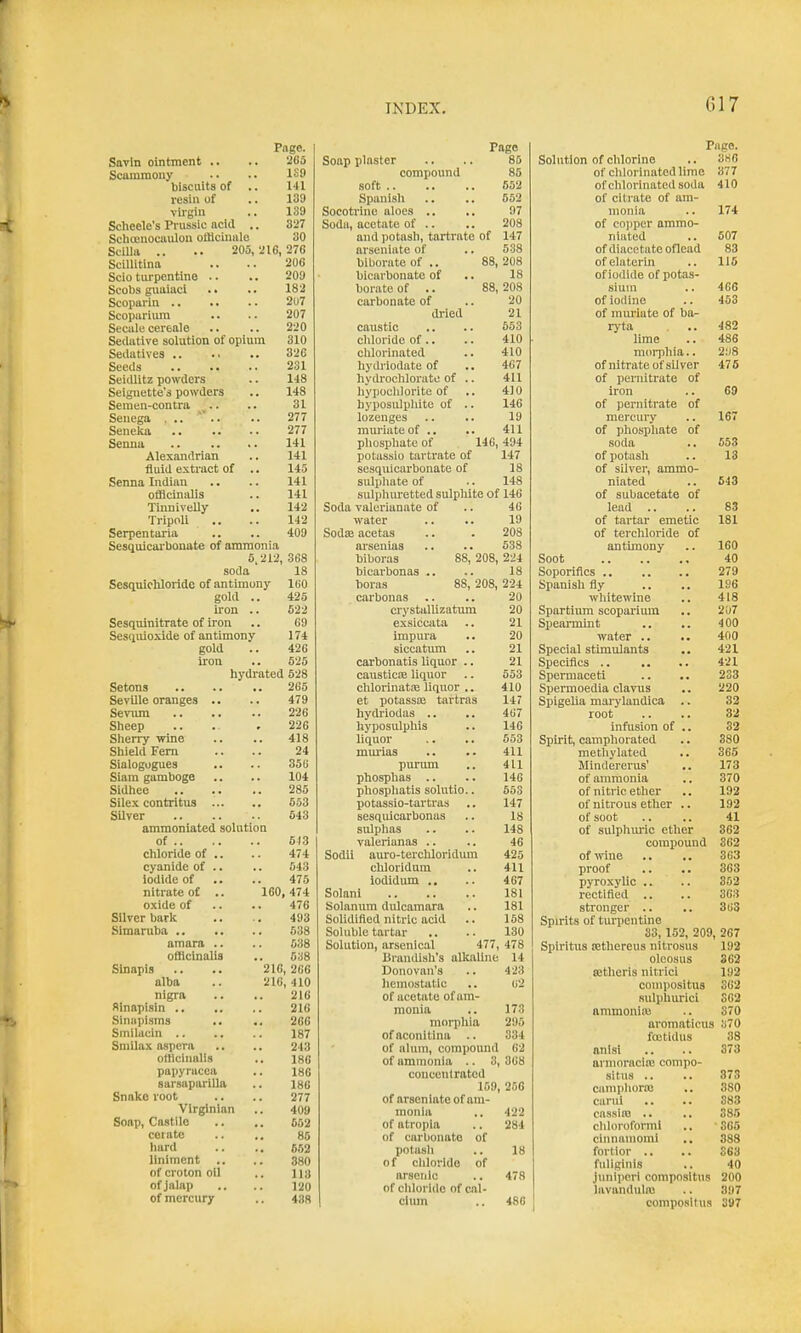 C)17 Page. Pago Savin ointment ,. 265 Soap plaster 85 Scumraouy Vo9 compound 86 biscuits of .. 141 soft .. 552 resin of 139 Spanish 552 virgin 139 Socotrine aloes .. 97 Scheele's Prussic acid . 327 Soda, acetate of .. 208 Sclia'nocaulon ofllcintile 30 and potash, tartrate of 147 SciUa .. .. 203, 216, 276 arsenlate of 538 Scillitina 206 biborate of .. 88, 208 Scio turpentine .. 209 bicarbonate of 18 Scol)s giiuiaci . • 182 borate of .. 88, 208 Scoparin 2U7 carbonate of 20 Scopuriiuu 207 di-ied 21 Secale cereale 220 caiistic 553 Sedative solution of opium 310 cliloride of.. 410 Sedatives 326 chlorinated 410 231 hydriodate of 467 Seidlitz powders 148 hydrochlorato of .. 411 Seignette's powders 148 hypochlorite of 410 Semen-contra 31 hyposiUpliite of .. 146 Senega ... ' .. 277 lozenges 19 277 muriate of ., 411 Senna 141 pliospliate of 146, 494 Alexandrian 141 potassio tartrate of 147 fluid extract of . 145 scsquicarbonate of 18 Senna Indian 141 sulphate of 148 offlciniUis 141 sulphm'etted sulphite of 146 Tinnivelly . 142 Soda valerianate of 46 Tripoli 142 water 19 Serpentaria 409 SodiE acetas 208 Sesquicai bonate of ammonia arsenias 538 5,212, 368 biboras 88, 208, 224 soda 18 bicarbonas .. 18 Sesqnichlorido of antimony- 160 boras 88, 208, 224 gold . 425 carbonas 20 Iron . 522 crystallizatimi 20 Sesquinitrate of iron 69 exsiccata 21 Sesquioxide of antimony 174 impura 20 gold 426 siccatum 21 iron 525 carbonatis liquor .. 21 hydrated 528 causticoe liquor 553 Setons 265 clilorinatiE liquor .. 410 Seville oranges .. 479 et potassa: tartras 147 226 hydi'iodas .. 467 Sheep 226 hyposulphis 146 Slierry wine 418 liquor 553 Sliield Fern 24 mm'ias 411 Sialogogues 356 punim 4il Siam gamboge 104 phosphas .. 146 Sidliee 285 phospliatis solutio.. 553 Sllex contritus ... 553 potassio-tartras 147 Silver 543 sesquicarbonas 18 ammoniated solution sulphas 148 of 543 valerianas .. 46 chloride of .. 474 Sodii auro-terchloridum 425 cyanide of .. 543 chloridum 411 iodide of 475 iodidum .. 467 nitrate of .. 160, 474 Solanl 181 oxide of .. 476 Solanum dulcamara 181 Silver baric 493 Soiidifled nitric acid 158 538 Soluble tartar 130 amara .. 638 Solution, arsenical 477 478 officinalis 538 Brandish's allcaliiic 14 Sinapis 216, 266 Donovan's 423 alba 216 , 410 hemostatic 62 nigra 216 of acetate of am- Rlnapisln .. 216 monia 173 Sinapisms .. 266 morphia 295 187 of aconitina .. 334 Sniilax aspcra 243 of alum, compound 62 officinalis 186 of ammonia .. 3 368 papyracea 186 concentrated sarsapariila 186 169 256 Snalce root 277 of arsenlate of am- Virginian 409 monia 422 Soap, Castile 652 of atropla 284 cerate 86 of carbonate of hard 652 potash 18 liniment 380 0 f chloride of of croton oil 113 arsenic 478 of jalap 120 of chloride of cal- of mercury 438 cliun 486 Page. Solution of chlorine .. 3H6 of chlorinated lime 377 of chlorinated soda 410 of cilrate of am- monia .. 174 of cojiper ammo- niated .. 507 ofdiacetateoflead 83 ofelaterin .. 115 of iodide of potas- sium .. 466 of iodine .. 463 of miu'iate of ba- ryta .. 482 lime .. 486 morphia.. 2U8 of nitrate of silver 476 of pernitrate of iron .. 69 of pernitrate of mercury .. 167 of phospliate of soda .. 553 of potash .. 13 of silver, ammo- niated .. 643 of subacetate of lead .. .. 83 of tartar emetic 181 of terchloride of antunony .. 160 Soot 40 Soporifics 279 Spanish fly .. .. 186 whitewine ., 418 Spartium scoparium .. 2U7 Spearmmt .. .. 400 water .. .. 400 Special stimulants .. 421 Specifics 421 Spermaceti .. .. 233 Spermoedia clavus .. 220 SpigeUa marylaudica .. 32 root .. .. 32 infusion of .. 32 Spirit, camphorated .. 380 methylated .. 365 Mindererus' .. 173 of ammonia .. 370 of nitric ether .. 192 of nitrous ether .. 192 of soot .. .. 41 of sulphm-ic etlier 362 compound 362 of wine .. .. 363 proof .. .. 363 pyroxylic .. .. 362 rectified .. .. 363 stronger .. .. 363 Spirits of turpentine S3,152, 209, 267 Spirltus Rithereus nitrosus 192 oleosus 362 tetheris nitrici 192 compositus 362 Rulphurici SG2 animoniiv) .. 370 aromaticus y70 fojtidus 38 anlsi .. .. 373 armoracite compo- situs .. .. 878 camphora: .. 380 curul .. .. 383 cassias .. .. 385 chloroforml .. 365 cinnamomi ,, 383 fortior .. .. S63 fuliginls .. 40 Junlperl composltns 200 lavanduUv! .. 397 compositus 397