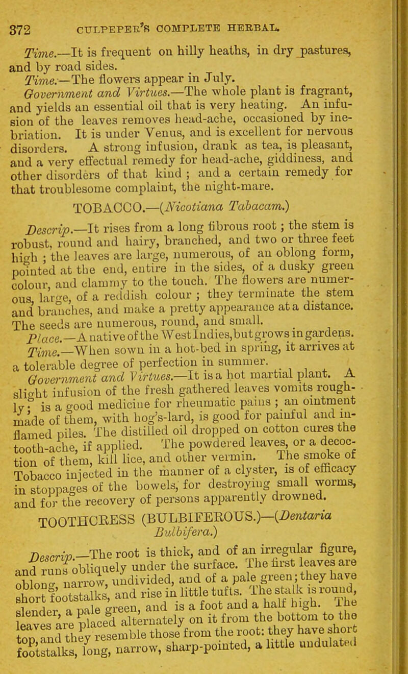 Time.—It is frequent ou hilly heaths, in dry jpastures, and by road sides. Time;—T\xB flowers appear in July. Government and Virtues—The whole plant is fragrant, and yields an essential oil that is very heating. An infu- sion of the leaves removes head-ache, occasioned by ine- briation. It is under Venus, and is excellent for nervous disorders. A strong infusion, drank as tea, is pleasant, and a very efifectual remedy for head-ache, giddiness, and other disorders of that kind; and a certain remedy for that troublesome complaint, the night-mare. TOBACCO.—{Nicotiana Tabacam.) Descrip.—It rises from a long fibrous root; the stem is robust, round and hairy, branched, and two or three feet high • the leaves are large, numerous, of an oblong form, pointed at the end, entire in the sides, of a dusky green colour and clamniy to the touch. The flowers are numer- ous lar<'e, of a recldish colour ; they term mate the stem and branches, and make a pretty appearance at a distance. The seeds are numerous, round, and stiiall. p/«ce._ A native of the West ludies,but grows in gardens, ^me.—When sown in a hot-bed in spring, it arrives at a tolerable degree of perfection in summer. Government and Virtues—It is a hot martial plant. A slicrht infusion of the fresh gathered leaves vomits rough- lv° is a o-ood mediciue for rheumatic pains ; an ointment made of them, with hog's-lard, is good for painful and in- flamed piles. The distilled oil dropped on cotton cures the tooth-ache, if applied. The powdered leaves or a decoc- tion of them, kill lice, and other veimm. The smoke of Tobacco injected in the manner of a clyster, is of efiicacy i stoppages of the bowels, for destroying small worms, and for the recovery of persons apparently drowned. TOOTHCEESS (BULBIFEEOUS.)—(i)mtona Bulbifera.) T)p,rriv —The root is thick, and of an irregular figure, ltlaie?>te'f«^ on it from the bottom to the ton and thfy resemble those from the root: they have shor foastaC,Tong, narrow, sharp-pointed, a little undulated