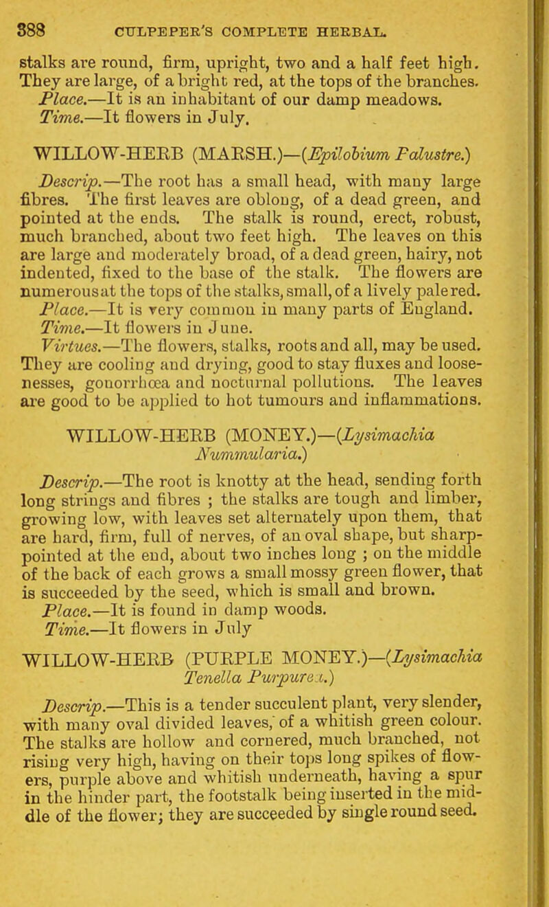 stalks are round, firm, upright, two and a half feet high. They are large, of a bright red, at the tops of the branches. Place.—It is an inhabitant of our damp meadows. Time.—It flowers in July. WILLOW-HEEB (MAESH.)—(^i?o6iMm Fcdustre.) Descrip.—The root has a small head, with many large fibres. The first leaves ai-e obloug, of a dead green, and pointed at the ends. The stalk is round, erect, robust, much branched, about two feet high. The leaves on this are large and moderately broad, of a dead green, hairy, not indented, fixed to the base of the stalk. The flowers are numerousat the tops of the stalks, small, of a lively palered. Place.—It is reiy comniou in many parts of England. Time.—It flowers in J une. Virtues.—The flowers, stalks, roots and all, may be used. They are cooling and drying, good to stay fluxes and loose- nesses, gonorrhoea and nocturnal pollutions. The leaves are good to be applied to hot tumours and inflammations. WILLOW-HEEB (MONEY.)—(%smac7iia Numinularia.) Descrip.—The root is knotty at the head, sending forth long strings and fibres ; the stalks are tough and limber, gi-owing low, with leaves set alternately upon them, that are hard, firm, full of nerves, of an oval shape, but sharp- pointed at the end, about two inches long ; on the middle of the back of each grows a small mossy green flower, that is succeeded by the seed, which is small and brown. Place.—It is found in damp woods. Time.—It flowers in July WILLOW-HEEB (PUEPLE MONEY.)—(Z^/smacAia Tenella Purpure i.) Descrip.—This is a tender succulent plant, very slender, with many oval divided leaves,' of a whitish green colour. The stalks are hollow and cornered, much branched, not rising very high, having on their tops long spikes of flow- ers, purple above and whitish underneath, haAnng a spur in the hinder part, the footstalk being inserted in the mid- dle of the flower; they are succeeded by single round seed.
