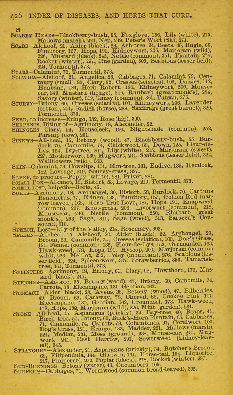 S Scabby Heads—Blackberry-bush, 55, Foxglove, 156, Lily (white), 215, Mallows (marsh), 224, Nep, 249, Peter's Wort (St.), 271. Scabs—Alehoof, 21, Alder (black), 23, Ash-tree, 34, Beets. 45, Bugle, 66, Fumitory, 157, Hops, 191, Kidueywort, 206, Marjoram (wild), 226, Mustard (black). 245, Nettle (common), 251, Plantain, 274, Rocket (winter), 297, Rue (garden), 305, Scabious (lesser field), 824, Tormentil, 373. Scabs—Calamint, 73, Tormentil, 373. aciAllOA—Alehoof, 21, Angelica, 26, Cabbages, 71, Calammt, 73, Cen- taury (small), 83, Clary, 92, Cresses (sciatica), 103, Daisies, 112, Henbane, 184, Herb Robert, 186, Kidneywort, 206, Mouse- ear, 240, Mustard (hedge), 246, Rhubarb (great monk's), 294, Savory (winter), 319, Tansy (common), 361, Tutsan, 376. SOUBVY—Briony, 60, Cresses (sciatica), 103, Kidneywort, 206, Lavender (cotton), ill, Radish (horse), 288, Saxifrage (great burnet), 320, Tormentil, 373. Seed, to increase—Eringo, 132, Rose (hip), 300. Hekpents, Biting of—Agrimony, 18, Alexander, 22. SHiNttLES—Clary, 92, Houseleek, 196, Nightshade (common), 252, Parsnip (cow), 261. Sinews—All-heal, 15, Betony (wood), 47, Blackberry-bush, 55, Bur- dock, 70, Camomile, 74, Chickweed, 88, Down, 125, Fleur-de- Lys. 164, Ivy-tree, 201, Lily (white), 215, Marjoram (sweet), 22?, Motherwort, 239, Mugwort, 241, Scabious (lesser field), 321, Wallllowers (wild), 383. „ , , Skin—Calamint, 73. Cowslips, 101, Elm-tree, 131, Endive, 132, Hemlock, 182, Loveage, 219, Scurvy-grass, 327. Sleep, to procure—Poppy (white), 281, Privet, 284. SM^viL Pox—Alkanet, 16, Bistort, 53, Lovage, 219, Tormentil, 373, Smell lost, holpeth—Beets, 45. ^ , , ^ ^ SoiiES-Agrimony, 18, Archangel, 30, Bistort, 53, Burdock, 70, Carduus Beuedietus, 77. Eringo, 133, Fumitory, 157, Golden Rod ^nar- row leaved), 168, Herb True-Love, 187, Hops, 191, Knapweed (common), 207. Knot-grass, 208, Liverwort (common), 218, Mouse-ear, 240, Nettle (common), 250, Rhubarb (great monk's), 293, Sage, 311, Sage (wood), 313, Saracen's Con- sound, 316. Speech, Lost—Lily of the Valley, 214, Rosemary, 303. SPLEEN-All-heal, 15, Alehoof, 20, Alder (black), 22, Archangel, 29, Broom, 63, Camomile, 74, Cresses (sciatica), 103, Dog s Grass, 121, Fennel (common), 135, Fleur-de-Lys, 153, Germander, 163, Hawk-weed, 178, Hops, 191, Hyssop, 200, Marjoram (common wild), 226, Melilot, 232, Poley (mountain), 276, Scabious (les- ser field), 324, Spleen-wort, 347, Strawberries, 356, Tamarisk- tree, 361, Tormentil, 373. _ , Splintees—Agrimony, 18, Briony, 61, Clary, 92, Hawthorn, 179, Mus- tard (black), 245. „ „, Stitches—Ash-tree, 35, Betony (wood), 47, Bnony, 60, CamomUe, 74, Carrots, 78, Elecampane, 131, Gentian, 162. ST03IACH—Alder (black), 23, Avens, 36, Betony (wood), 47, Bilberries, 49, Broom. 63, Caraway, 78, Chervil, 86, Cuckoo Pint, 107, Elecampane. 130, Gentian, 162, Groundsel, 173, Hawk-weea, 178, Hops, 192, Marjoram (wild), 226, Mint (garden), 234. SxONB-AU-heal, 15, Asparagus (prickly), 34, Bay-tree, 40, Beans, 41, Birch-tree, 50, Briony, 60, Buck's-Hora Plantain, 65, Cabbages. 71, CamomUe, 74, Carrots, 78. Columbines. 97, Coralwort, 100, Dog's Grass, 121, Eringo, 133, Madder, 221, MaUows (marsh), 224, Medlar, 231, Moss (ground), 238, Mouse-ear, 240, Mug- wort, 241, Rest Harrow, 291, Sowerweed (kidney-leav- StBAN0UEY-^Alexander, 21, Asparagus (prickly), 34 Butcher's Broom, 62, FUipendula, 144, Gladwin, 164, Horse-taU, 194, Luiuouce, 217, Pimpernel, 272, Poplar (black), 278, Rocket (winter), 297. SUN-BUENINQS-Betony (water), 46, Cucumbers, 109. SuEFEiia—Cabbages, 71, Wormwood (common broad-leavea), aya.