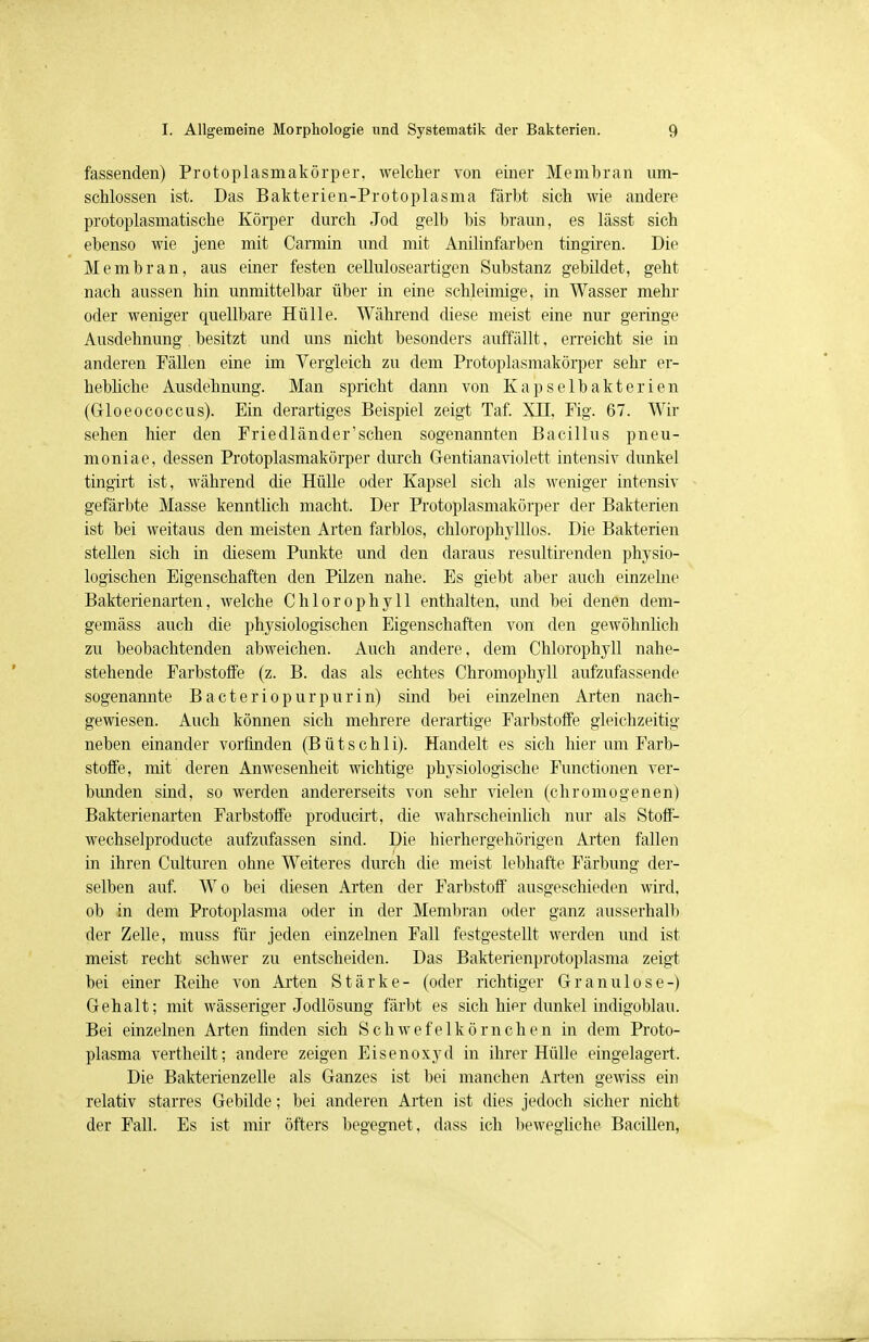 fassenden) Protoplasmakörper, welcher von einer Membran um- schlossen ist. Das Bakterien-Protoplasma färbt sich wie andere protoplasmatische Körper durch Jod gelb bis braun, es lässt sich ebenso wie jene mit Carmin und mit Anilinfarben tingiren. Die Membran, aus einer festen celluloseartigen Substanz gebildet, geht nach aussen hin unmittelbar über in eine schleimige, in Wasser mehr oder weniger quellbare Hülle. Während diese meist eine nur geringe Ausdehnung . besitzt und uns nicht besonders auffällt, erreicht sie in anderen Fällen eine im Vergleich zu dem Protoplasmakörper sehr er- hebliche Ausdehnung. Man spricht dann von Kapselbakterien (Gloeococcus). Ein derartiges Beispiel zeigt Taf. XDI, Fig. 67. Wir sehen hier den Friedländer'schen sogenannten Bacillus pneu- moniae, dessen Protoplasmakörper durch Gentiana violett intensiv dunkel tingirt ist, während die Hülle oder Kapsel sich als weniger intensiv gefärbte Masse kenntlich macht. Der Protoplasmakörper der Bakterien ist bei weitaus den meisten Arten farblos, chlorophylllos. Die Bakterien stellen sich in diesem Punkte und den daraus resultirenden physio- logischen Eigenschaften den Pilzen nahe. Es giebt aber auch einzelne Bakterienarten, welche Chlorophyll enthalten, und bei denen dem- gemäss auch die physiologischen Eigenschaften von den gewöhnlich zu beobachtenden abweichen. Auch andere, dem Chloroplryll nahe- stehende Farbstoffe (z. B. das als echtes Chromophyll aufzufassende sogenannte B a c t e r i o p u r p u r i n) sind bei einzelnen Arten nach- gewiesen. Auch können sich mehrere derartige Farbstoffe gleichzeitig neben einander vorfinden (Bütschli). Handelt es sich hier um Farb- stoffe, mit deren Anwesenheit wichtige physiologische Functionen ver- bunden sind, so werden andererseits von sehr vielen (chromogenen) Bakterienarten Farbstoffe producirt, die wahrscheinlich nur als Stoff- wechselproducte aufzufassen sind. Die hierhergehörigen Arten fallen in ihren Culturen ohne Weiteres durch die meist lebhafte Färbung der- selben auf. Wo bei diesen Arten der Farbstoff ausgeschieden wird, ob in dem Protoplasma oder in der Membran oder ganz ausserhalb der Zelle, muss für jeden einzelnen Fall festgestellt werden und ist meist recht schwer zu entscheiden. Das Bakterienprotoplasma zeigt bei einer Reihe von Arten Stärke- (oder richtiger Granulöse-) Gehalt; mit wässeriger Jodlösimg färbt es sich hier dunkel indigoblau. Bei einzelnen Arten finden sich Schwefelkörnchen in dem Proto- plasma vertheilt; andere zeigen Eisenoxyd in ihrer Hülle eingelagert. Die Bakterienzelle als Ganzes ist bei manchen Arten gewiss ein relativ starres Gebilde; bei anderen Arten ist dies jedoch sicher nicht der Fall. Es ist mir öfters begegnet, dass ich bewegliche Bacillen,