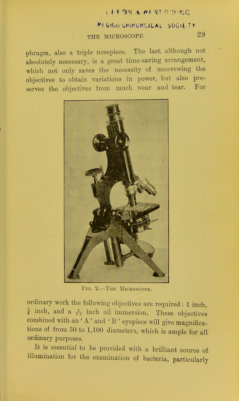 . » f OS ,!W ft} ST fvri'NC Mt OiLo UiiHUMLlLAl iOCitTV THE MICROSCOPE 29 phragm, also a triple nosepiece. The last, although not absolutely necessary, is a great time-saving arrangement, which not only saves the necessity of unscrewing the objectives to obtain variations in power, but also pre- serves the objectives from much wear and tear. For Fig. 2.—The Microscope. ordinary work the following objectives are required : 1 inch, i inch, and a ^ inch oil immersion. These objectives combined with an ' A' and ' B ' eyepiece will give magnifica- tions of from 50 to 1,100 diameters, which is ample for all ordinary purposes. It is essential to be provided with a brilliant source of illumination for the examination of bacteria, particularly