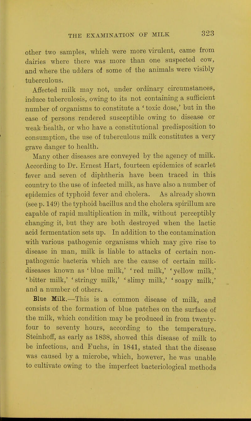 other two samples, which were more virulent, came from dairies where there was more than one suspected cow, and where the udders of some of the animals were visibly tuberculous. Affected milk may not, under ordinary circumstances, induce tuberculosis, owing to its not containing a sufficient number of organisms to constitute a ' toxic dose,' but in the case of persons rendered susceptible owing to disease or weak health, or who have a constitutional predisposition to consumption, the use of tuberculous milk constitutes a very grave danger to health. Many other diseases are conveyed by the agency of milk. According to Dr. Ernest Hart, fourteen epidemics of scarlet fever and seven of diphtheria have been traced in this country to the use of infected milk, as have also a number of epidemics of typhoid fever and cholera. As already shown (see p. 149) the typhoid bacillus and the cholera spirillum are capable of rapid multiplication in milk, without perceptibly changing it, but they are both destroyed when the lactic acid fermentation sets up. In addition to the contamination with various pathogenic organisms which may give rise to disease in man, milk is liable to attacks of certain non- pathogenic bacteria which are the cause of certain milk- diseases known as 'blue milk,' 'red milk,' 'yellow milk,' 'bitter milk,' 'stringy milk,' 'slimy milk,' 'soapy milk,' and a number of others. Blue Milk.—This is a common disease of milk, and consists of the formation of blue patches on the surface of the milk, which condition may be produced in from twenty- four to seventy hours, according to the temperature. Steinhoff, as early as 1838, showed this disease of milk to be infectious, and Fuchs, in 1841, stated that the disease was caused by a microbe, which, however, he was unable to cultivate owing to the imperfect bacteriological methods