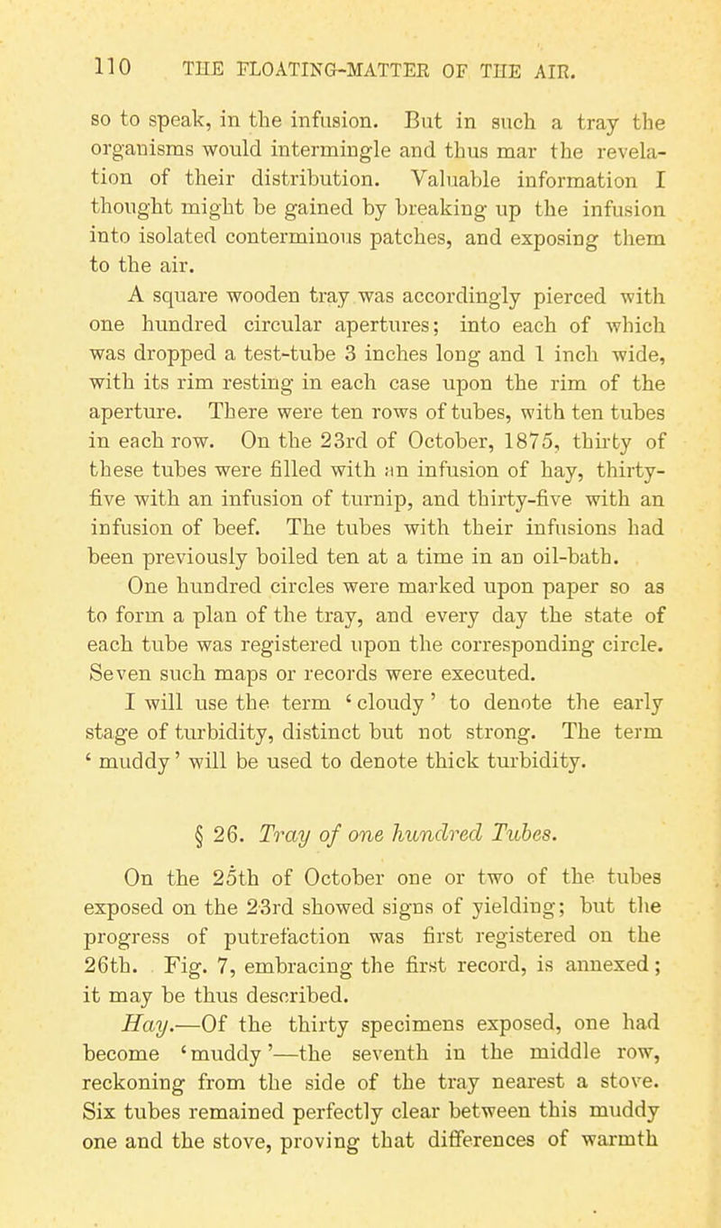 so to speak, in the infusion. But in such a tray the organisms would intermingle and thus mar the revela- tion of their distribution. Valuable information I thought might be gained by breaking up the infusion into isolated conterminous patches, and exposing them to the air. A square wooden tray was accordingly pierced with one hundred circular apertures; into each of which was dropped a test-tube 3 inches long and 1 inch wide, with its rim resting in each case upon the rim of the aperture. There were ten rows of tubes, with ten tubes in each row. On the 23rd of October, 1875, thirty of these tubes were filled with an infusion of hay, thirty- five with an infusion of turnip, and thirty-five with an infusion of beef. The tubes with their infusions had been previously boiled ten at a time in an oil-bath. One hundred circles were marked upon paper so as to form a plan of the tray, and every day the state of each tube was registered upon the corresponding circle. Seven such maps or records were executed. I will use the term ‘ cloudy ’ to denote the early stage of turbidity, distinct bnt not strong. The term ‘ muddy ’ will be used to denote thick turbidity. § 26. Tray of one hundred Tubes. On the 25th of October one or two of the tubes exposed on the 23rd showed signs of yielding; but the progress of putrefaction was first registered on the 26th. Fig. 7, embracing the first record, is annexed; it may be thus described. Hay.—Of the thirty specimens exposed, one had become ‘ muddy ’—the seventh in the middle row, reckoning from the side of the tray nearest a stove. Six tubes remained perfectly clear between this muddy one and the stove, proving that differences of warmth