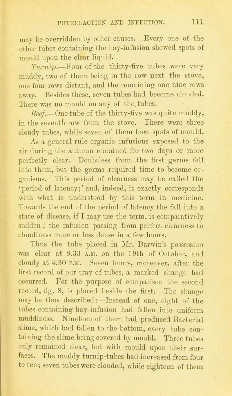 may be overridden by other causes. Every one of the other tubes containing the hay-infusion showed spots of mould upon the clear liquid. Turnip.—Four of the thirty-five tubes were very muddy, two of them being in the row next the stove, one four rows distant, and the remaining one nine rows away. Besides these, seven tubes had become clouded. There was no mould on any of the,tubes. Beef.—One tube of the thirty-five was quite muddy, in the seventh row from the stove. There were three cloudy tubes, while seven of them bore spots of mould. As a general rule organic infusions exposed to the air during the autumn remained for two days or more perfectly clear. Doubtless from the first germs fell into them, but the germs required time to become or- ganisms. This period of clearness may be called the ‘period of latency;’ and, indeed, it exactly corresponds with what is understood by this term in medicine. Towards the end of the period of latency the fall into a state of disease, if I may use the term, is comparatively sudden ; the infusion passing from perfect clearness to cloudiness more or less dense in a few hours. Thus the tube placed in Mr. Darwin’s possession was clear at 8.33 A.M. on the 19th of October, and cloudy at 4.30 p.m. Seven hours, moreover, after the first record of our tray of tubes, a marked change had occurred. For the purpose of comparison the second record, fig. 8, is placed beside the first. The change may be thus described:—Instead of one, eight of the tubes containing hay-infusion had fallen into uniform muddiness. Nineteen of them had produced Bacterial slime, which had fallen to the bottom, every tube con- taining the slime being covered by mould. Three tubes only remained clear, but with mould upon their sur- faces. The muddy turnip-tubes had increased from four to ten; seven tubes were clouded, while eighteen of them