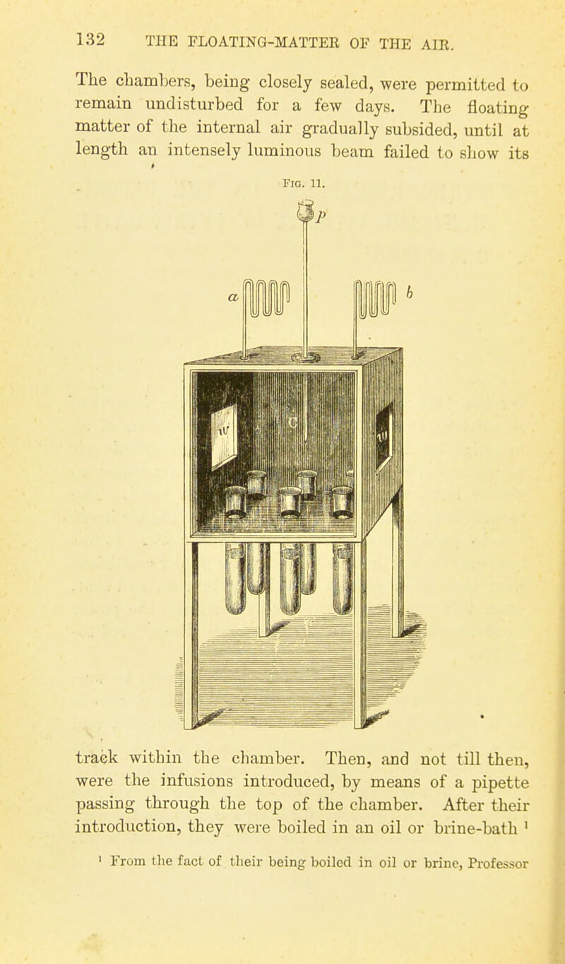 The chambers, being closely sealed, were permitted to remain undisturbed for a few days. The floating matter of the internal air gradually subsided, until at length an intensely luminous beam failed to show its » Fig. 11. track within the chamber. Then, and not till then, were the infusions introduced, by means of a pipette passing through the top of the chamber. After their introduction, they were boiled in an oil or brine-bath 1 1 From the fact of their being boiled in oil or brine, Professor