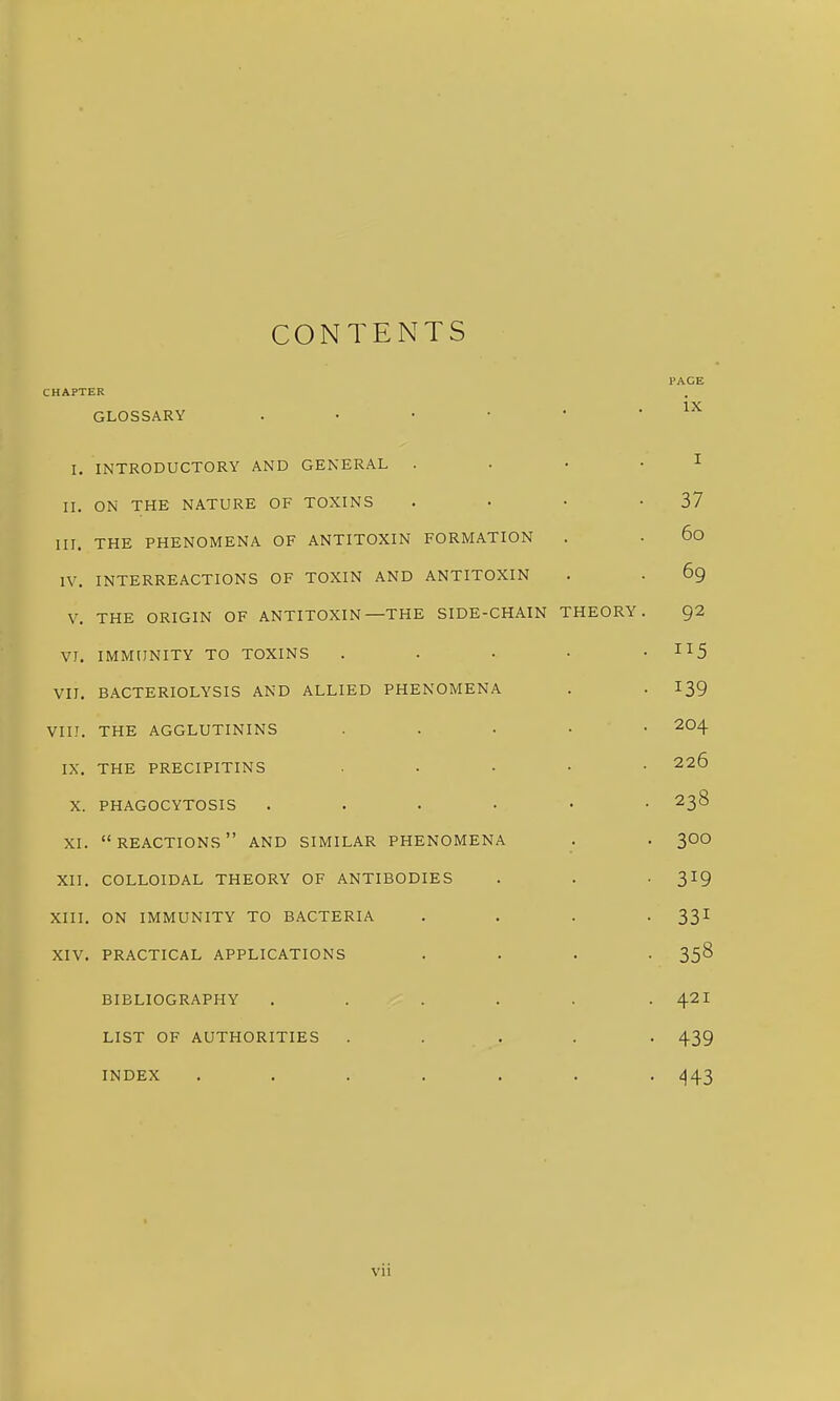 CONTENTS I'ACE CHAPTER GLOSSARY . • • • • .IX I, INTRODUCTORY AND GENERAL .... I n. ON THE NATURE OF TOXINS . • • -37 III. THE PHENOMENA OF ANTITOXIN FORMATION . • 6o IV. INTERREACTIONS OF TOXIN AND ANTITOXIN . . 69 V. THE ORIGIN OF ANTITOXIN—THE SIDE-CHAIN THEORY. 92 VJ. IMMUNITY TO TOXINS . . • • • ^^S VII. BACTERIOLYSIS AND ALLIED PHENOMENA . . I39 VIII. THE AGGLUTININS . . . • • 204 IX. THE PRECIPITINS ..... 226 X. PHAGOCYTOSIS 238 XI. reactions AND SIMILAR PHENOMENA . . 3OO XII. COLLOIDAL THEORY OF ANTIBODIES . . • 319 XIII. ON IMMUNITY TO BACTERIA .... 33I XIV. PRACTICAL APPLICATIONS .... 358 BIBLIOGRAPHY ...... 421 LIST OF AUTHORITIES ..... 439 INDEX ....... ij43