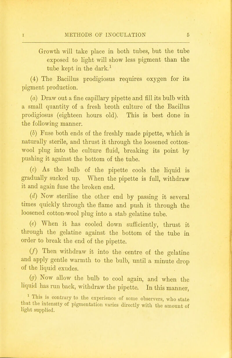 Growth will take place in both tubes, but the tube exposed to light will show less pigment than the tube kept in the dark.-^ (4) The Bacillus prodigiosus requires oxygen for its pigment production. {a) Draw out a fine capillary pipette and fill its bulb with a small quantity of a fresh broth culture of the Bacillus prodigiosus (eighteen hours old). This is best done in the following manner. (&) Fuse both ends of the freshly made pipette, which is naturally sterile, and thrust it through the loosened cotton- wool plug into the culture fluid, breaking its point by pushing it against the bottom of the tube. (c) As the bulb of the pipette cools the liquid is gradually sucked up. When the pipette is full, withdraw it and again fuse the broken end. {d) Now sterilise the other end by passing it several times quickly through the flame and push it through the loosened cotton-wool plug into a stab gelatine tube. (e) When it has cooled down sufficiently, thrust it through the gelatine against the bottom of the tube in order to break the end of the pipette. (/) Then withdraw it into the centre of the gelatine and apply gentle warmth to the bulb, until a minute drop of the liquid exudes. (gr) Now allow the bulb to cool again, and when the liquid has run back, withdraw the pipette. In this manner, 1 This is contrary to the experience of some observers, who state that the intensity of pigmentation varies directly with the amount of light supplied.