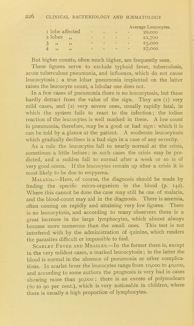 1 lobe affected 2 lobes ,, 3 >'  4 n )) Average Leucocytes. 20,000 22,700 25,000 27,000 But higher counts, often much higher, are frequently seen. These figures serve to exclude typhoid fever, tuberculosis, acute tuberculous pneumonia, and influenza, which do not cause leucocytosis ; a true lobar pneumonia implanted on the latter raises the leucocyte count, a lobular one does not. In a few cases of pneumonia there is no leucocytosis, but these hardly detract from the value of the sign. They are (i) very mild cases, and (2) very severe ones, usually rapidly fatal, in which the system fails to react to the infection; the iodine reaction of the leucocytes is well marked in these. A low count in pneumonia, therefore, may be a good or bad sign : which it is can be told by a glance at the patient. A moderate leucocytosis which gradually declines is a bad sign in a case of any severity. As a rule the leucocytes fall to nearly normal at the crisis, sometimes a little before ; in such cases the crisis may be pre- dicted, and a sudden fall to normal after a week or so is of very good omen. If the leucocytes remain up after a crisis it is most likely to be due to empyema. Malaria.—Here, of course, the diagnosis should be made by finding the specific micro-organism in the blood (p. 142). Where this cannot be done the case may still be one of malaria, and the blood-count may aid in the diagnosis. There is anaemia, often coming on rapidly and attaining very low figures. There is no leucocytosis, and according to many observers there is a great increase in the large lymphocytes, which almost always become more numerous than the small ones. This test is not interfered with by the administration of quinine, which renders the parasites difficult or impossible to find. Scarlet Fever and Measles.—In the former there is, except in the very mildest cases, a marked leucocytosis; in the latter the blood is normal in the absence of pneumonia or other complica- tions. In scarlet fever the leucocytes range from 10,000 to 40,000, and according to some authors the prognosis is very bad in cases showing more than 30,000 ; there is an excess of polynuclears (80 to 90 per cent.), which is very noticeable in children, where there is usually a high proportion of lymphocytes.