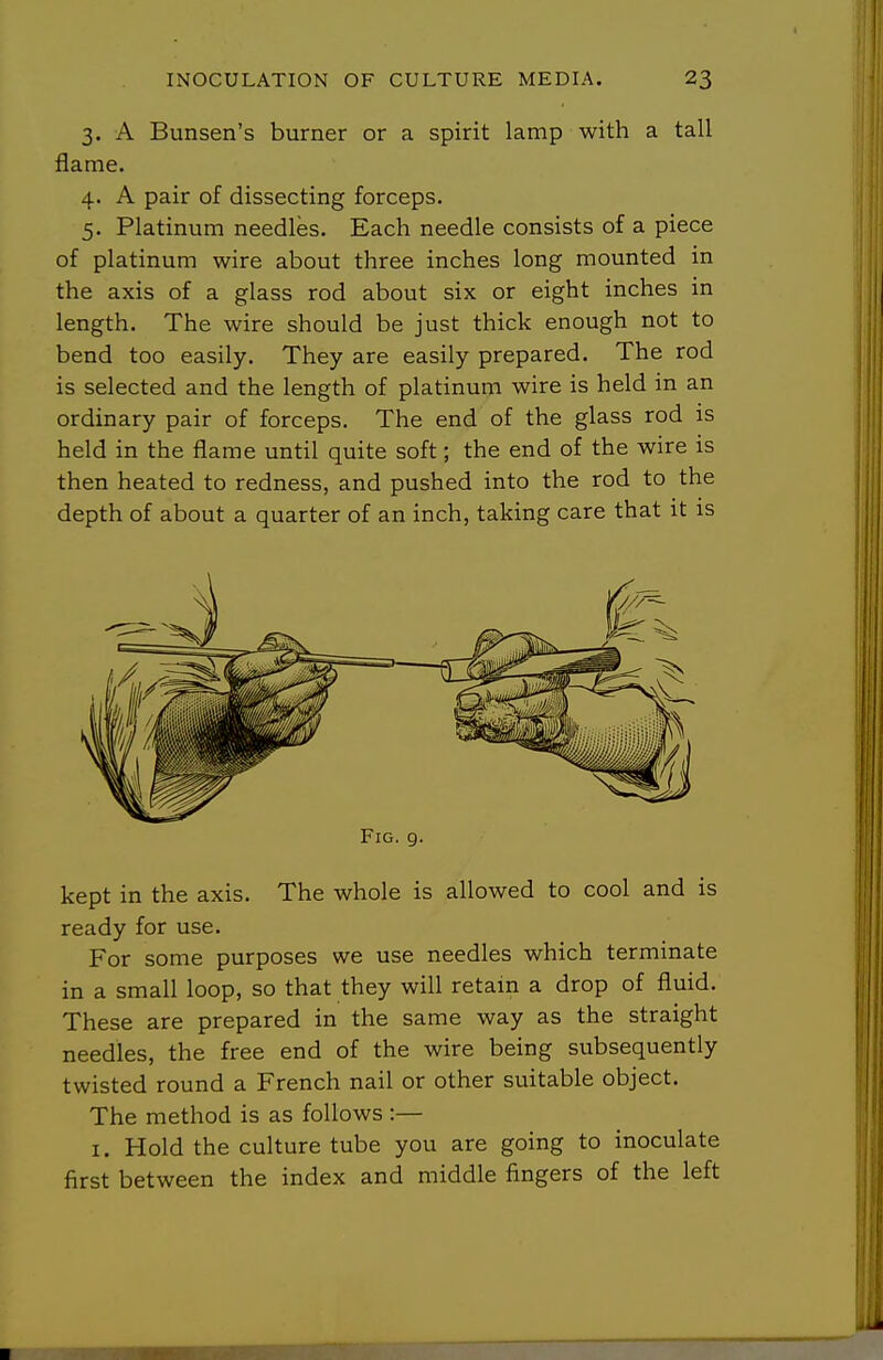 3. A Bunsen's burner or a spirit lamp with a tall flame. 4. A pair of dissecting forceps. 5. Platinum needles. Each needle consists of a piece of platinum wire about three inches long mounted in the axis of a glass rod about six or eight inches in length. The wire should be just thick enough not to bend too easily. They are easily prepared. The rod is selected and the length of platinum wire is held in an ordinary pair of forceps. The end of the glass rod is held in the flame until quite soft; the end of the wire is then heated to redness, and pushed into the rod to the depth of about a quarter of an inch, taking care that it is Fig. 9. kept in the axis. The whole is allowed to cool and is ready for use. For some purposes we use needles which terminate in a small loop, so that they will retain a drop of fluid. These are prepared in the same way as the straight needles, the free end of the wire being subsequently twisted round a French nail or other suitable object. The method is as follows :— I. Hold the culture tube you are going to inoculate first between the index and middle fingers of the left