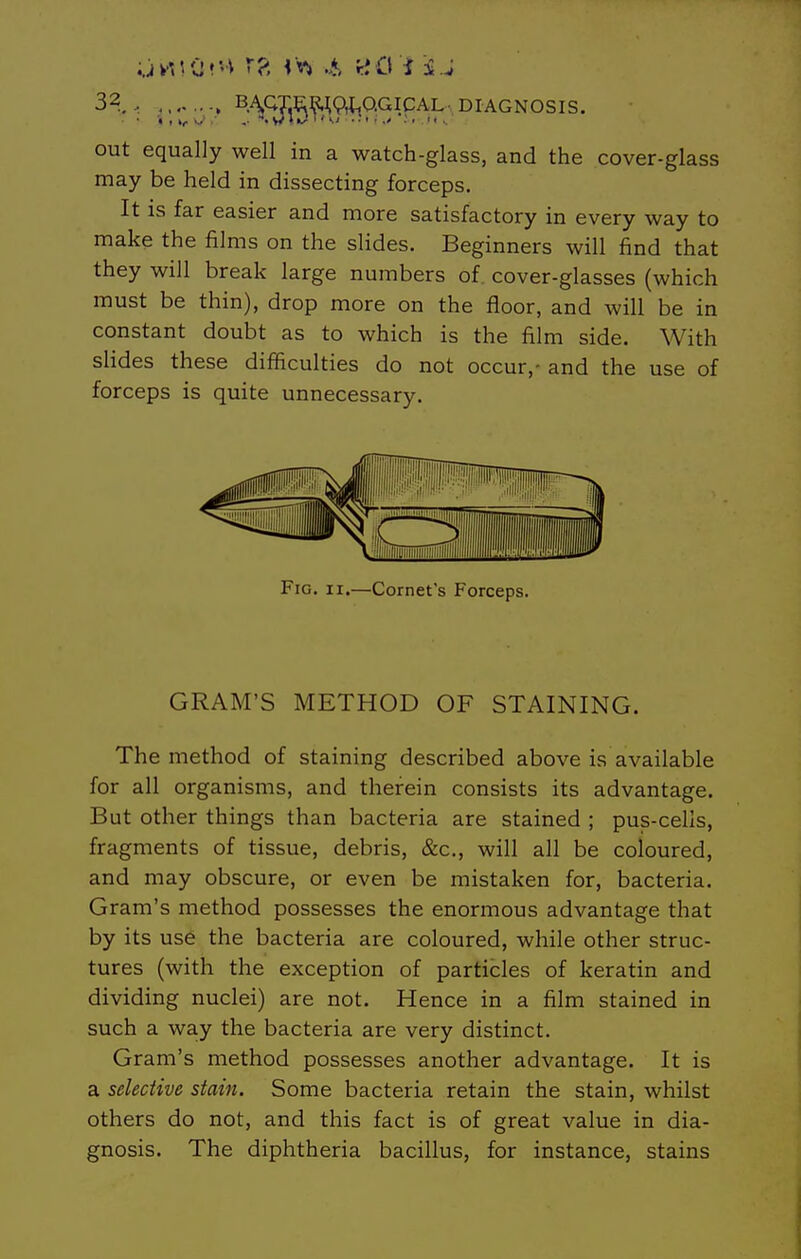 out equally well in a watch-glass, and the cover-glass may be held in dissecting forceps. It is far easier and more satisfactory in every way to make the films on the slides. Beginners will find that they will break large numbers of. cover-glasses (which must be thin), drop more on the floor, and will be in constant doubt as to which is the film side. With slides these difficulties do not occur,- and the use of forceps is quite unnecessary. Fig. II.—Cornet's Forceps. GRAM'S METHOD OF STAINING. The method of staining described above is available for all organisms, and therein consists its advantage. But other things than bacteria are stained ; pus-cells, fragments of tissue, debris, &c., will all be coloured, and may obscure, or even be mistaken for, bacteria. Gram's method possesses the enormous advantage that by its use the bacteria are coloured, while other struc- tures (with the exception of particles of keratin and dividing nuclei) are not. Hence in a film stained in such a way the bacteria are very distinct. Gram's method possesses another advantage. It is a selective stain. Some bacteria retain the stain, whilst others do not, and this fact is of great value in dia- gnosis. The diphtheria bacillus, for instance, stains