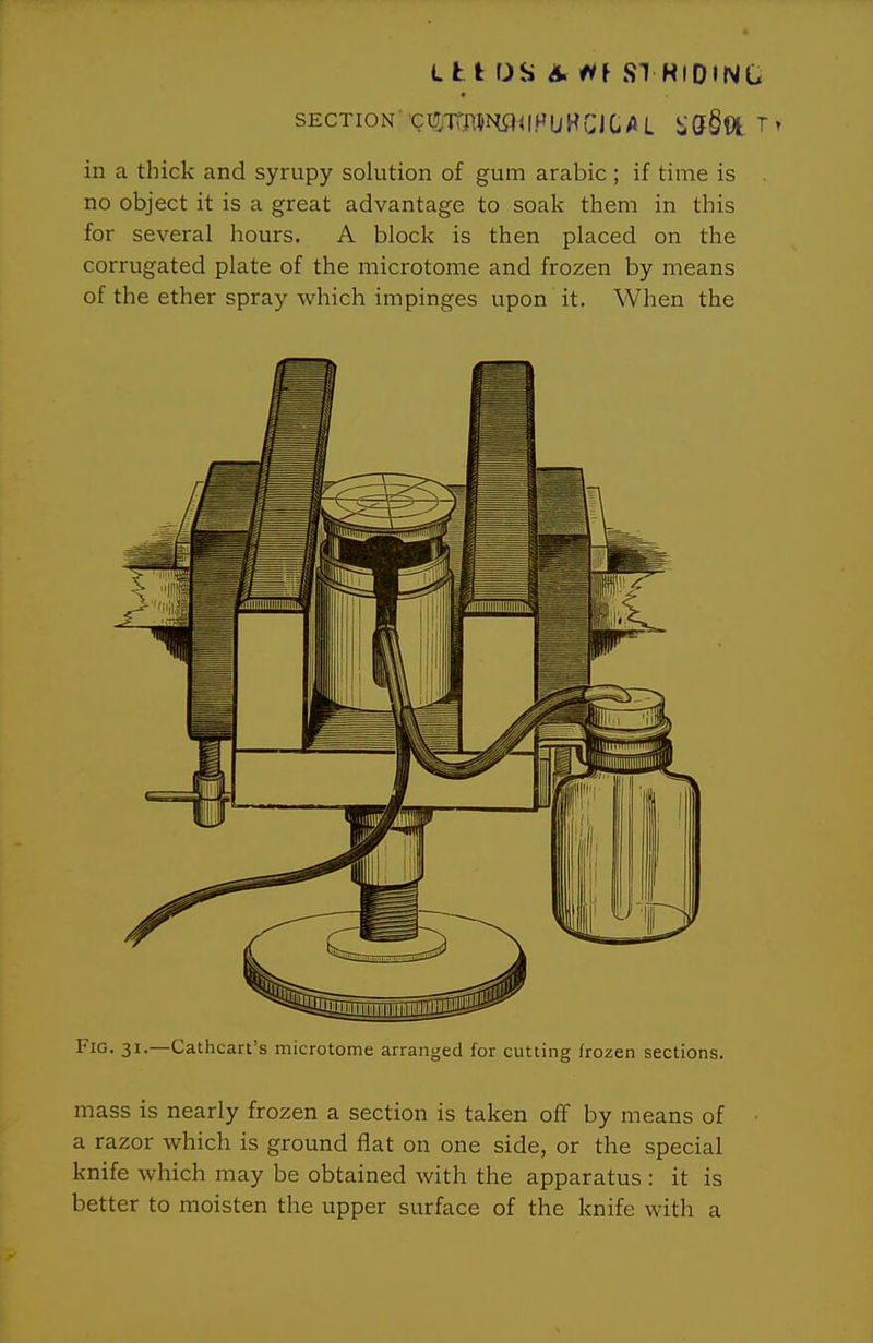 LtiO*i A'fii SI RIDING SECTION cU^Trrof^UFUHCICAL i;(J§!)t T» in a thick and syrupy solution of gum arabic ; if time is no object it is a great advantage to soak them in this for several hours. A block is then placed on the corrugated plate of the microtome and frozen by means of the ether spray which impinges upon it. When the Fig. 31.—Cathcart's microtome arranged for cutting frozen sections. mass is nearly frozen a section is taken off by means of a razor which is ground flat on one side, or the special knife which may be obtained with the apparatus : it is better to moisten the upper surface of the knife with a