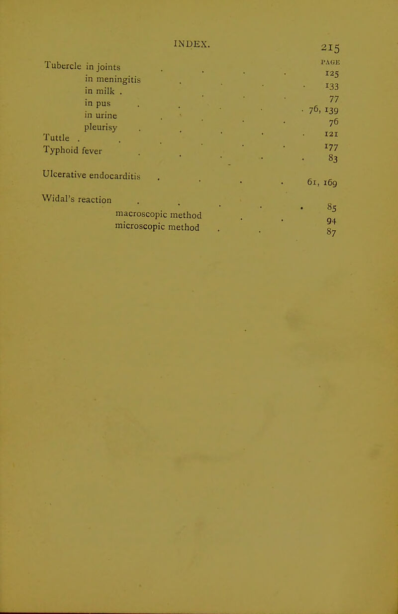 Tubercle in joints in meningitis in milk . in pus in urine pleurisy Tuttle . Typhoid fever Ulcerative endocarditis Widal's reaction macroscopic method microscopic method