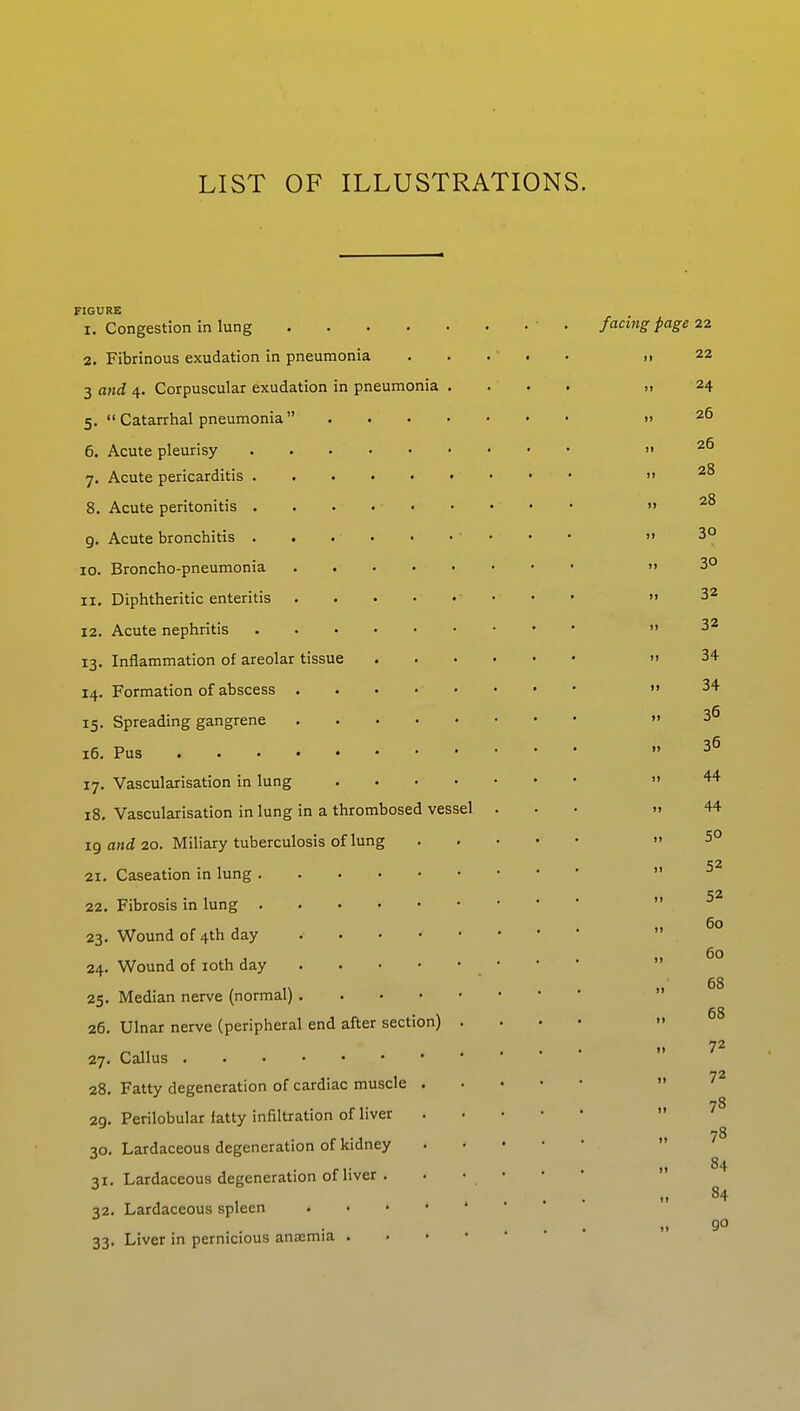 LIST OF ILLUSTRATIONS. FIGURE 1. Congestion in lung .... 2. Fibrinous exudation in pneumonia 3 and 4. Corpuscular exudation in pneumonia 5.  Catarrhal pneumonia  6. Acute pleurisy 7. Acute pericarditis . 8. Acute peritonitis . 9. Acute bronchitis . 10. Broncho-pneumonia 11. Diphtheritic enteritis 12. Acute nephritis 13. Inflammation of areolar tissue 14. Formation of abscess 15. Spreading gangrene 16. Pus .... 17. Vascularisation in lung 18. Vascularisation in lung in a thrombosed vessel 19 and 20. Miliary tuberculosis of lung 21. Caseation in lung . 22. Fibrosis in lung . 23. Wound of 4th day 24. Wound of 10th day 25. Median nerve (normal) . 26. Ulnar nerve (peripheral end after section) 27. Callus 28. Fatty degeneration of cardiac muscle . 29. Perilobular fatty infiltration of liver 30. Lardaceous degeneration of kidney 31. Lardaceous degeneration of liver . 32. Lardaceous spleen 33. Liver in pernicious anaemia . facing page 22 22 24 11 26 it 26 t! 28 11 28 )) 30 II 30 11 32 11 32 II 34 l> 34 II 36 || 36 )l 44 44 5° 52 11 0A II 60 11 60 11 68 11 68 II 72 11 72 11 78 11 78 II 84 II 84 II 90