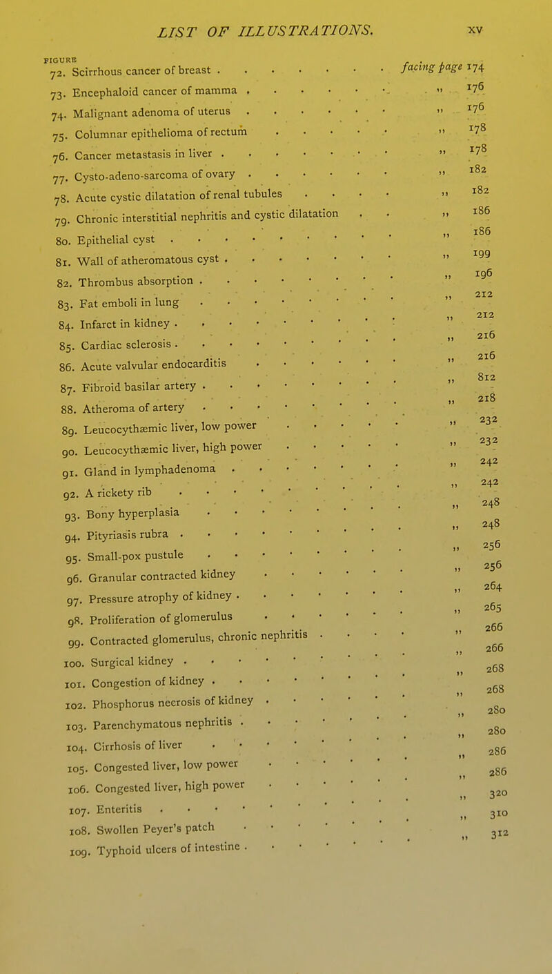 FIGURE 72. Scirrhous cancer of breast . 73. Encephaloid cancer of mamma . 74. Malignant adenoma of uterus . 75. Columnar epithelioma of rectum 76. Cancer metastasis in liver . 77. Cysto-adeno-sarcoma of ovary . 78. Acute cystic dilatation of renal tubules 79. Chronic interstitial nephritis and cystic dilatation 80. Epithelial cyst . 81. Wall of atheromatous cyst 82. Thrombus absorption . 83. Fat emboli in lung 84. Infarct in kidney . 85. Cardiac sclerosis . 86. Acute valvular endocarditis 87. Fibroid basilar artery . 88. Atheroma of artery 89. Leucocythsemic liver, low power 90. Leucocythaemic liver, high power 91. Gland in lymphadenoma 92. A rickety rib 93. Bony hyperplasia 94. Pityriasis rubra . g5. Small-pox pustule 96. Granular contracted kidney 97. Pressure atrophy of kidney gR. Proliferation of glomerulus 99. Contracted glomerulus, chronic nephritis 100. Surgical kidney . 101. Congestion of kidney . 102. Phosphorus necrosis of kidney 103. Parenchymatous nephritis . 104. Cirrhosis of liver 105. Congested liver, low power 106. Congested liver, high power 107. Enteritis . 108. Swollen Peyer's patch 109. Typhoid ulcers of intestine . facing page 174 !76 176 178 178 182 182 186 186 199 196 212 212 216 216 812 218 232 232 242 242 248 248 256 256 264 265 266 266 268 268 280 280 , 286 , 286 320 310 312 1 j