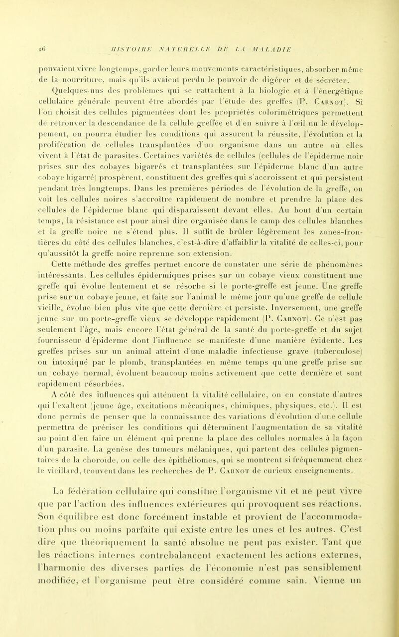 pouvaienl vivre longlcmps, garder leurs luonvements caraclérisliques, al)sorbcr même de la uourrilure, mais qu'ils avaieni perdu le pouvoir de digérei el de sécréter. Quelques-uns des prol)lèmes qui se rallachenl à la biologie et à 1 éuergétique cellulaire générale peuvent être abordés par l'étude des greffes (P. Cahnot). Si l'on choisit des cellules pigmentées dont les projiriétés coloriniétriques permettent de retrouver la descendance de la cellule greffée et d'en suivre à l'o'!! nu le dévelop- pement, on pourra étudier les conditions cjui assurent la réussite, l'évolution et la prolifération de cellules lransi)lantées d'un organisme dans un autre où elles vivent à l'état de parasites. Certaines variétés de cellules (cellules de l'épiderme noir prises sur des cobayes bigariés et transplantées sur l'épiderme blanc d'un autre cobaye Ijigarré) prospèrent, coustiluent des greffes qui s'accroissent et cjui persistent pendant très longtemps. Dans les premières périodes de l'évolution de la greffe, on voit les cellules noires s'accroître rapidement de nombre et prendre la place des cellules de l'épiderme blanc qui disparaissent devant elles. Au bout d'un certain temps, la résistance est pour ainsi dire organisée dans le camp des cellules blanches et la greffe noire ne s'étend plus. Il suffit de brûler légèrement les zones-fron- tières du côté des cellules blanches, c'est-à-dire d'affaiblir la vitalité de celles-ci, pour qu'aussitôt la greffe noire reprenne son extension. Cette méthode des greffes permet encore de constater une série de phéninnènes intéressants. Les cellules épidermiques prises sur un cobaye vieux constituent une greffe qui évolue lentement et se résorbe si le porte-greffe est jeune. Uue greffe prise sur un cobaye jeune, et faite sur l'animal le même jour qu'une greffe de cellule vieille, évolue bien plus vite que cette dernière et persiste. Inversement, une greffe jeune sur un porte-greffe vieux se développe rapidement (P. Carnot). Ce u est pas seulement l'âge, mais encore l'état général de la santé du porte-greffe et du sujet fournisseur d épidémie dont l'influence se manifeste d'une manière évidente. Les greffes prises sur un animal atteint d'une maladie infectieuse grave (tuberculose) ou intoxiqué par le plonil), transplantées en même temps qu une grefl'e prise sur un cobaye normal, évoluent Ix'aucoup moins activement que cette dernière el sont rapidement résorbées. A côté des influences qui atténuent la vitalité cellulaire, on en constate d aulres qui l'exaltent (jeune âge, excitations mécaniques, cirniii(|ues, |)liysi([ues, etc.l. Il est donc permis de penser r[uc la connaissance d(,'s variations d évolution d'une cellule permettra de préciser les conditions qui déterminent l'augnuintation de sa vitalité au point d en faire un élément qui prenne la place des cellules normales à la façon d'un parasite. La genèse des tumeurs mélauiques, ([ui partent des cellules pigmen- taires de la choroïde, ou celle des épilhéliomcs, qui se montrent si fréquennuent chez le vieillard, trouvent dans les rechei'ches de P. Caiî-Not de curieux eiisciguemenls. La IV'dci alioii celliilairc (|iii coiLstiliie rorganisiiic \ il cl ne pont vivre (|iie |)ar raclioii des iiilliiences extérieures (|iit })rovoqiieiil ses jn-aclioiis. Sou é(|iiilil)re est donc Ibrcénient inslal)le et provient de l'acconiinoda- lion plus on moins parfaite qui existe entre les unes et les antres. C'est dire (pie ihéoricpieinent la santé absolue ne peut pas exister. Tant <pn' les réa(;lions internes conlrebalaneenl exacleineiit les actions externes, riiariHonic des diverses parties de réconoinie n'es! pas sensiblement modifiée, el roij^aiiisme peut être considéi'i' comme sain. N'ienne un