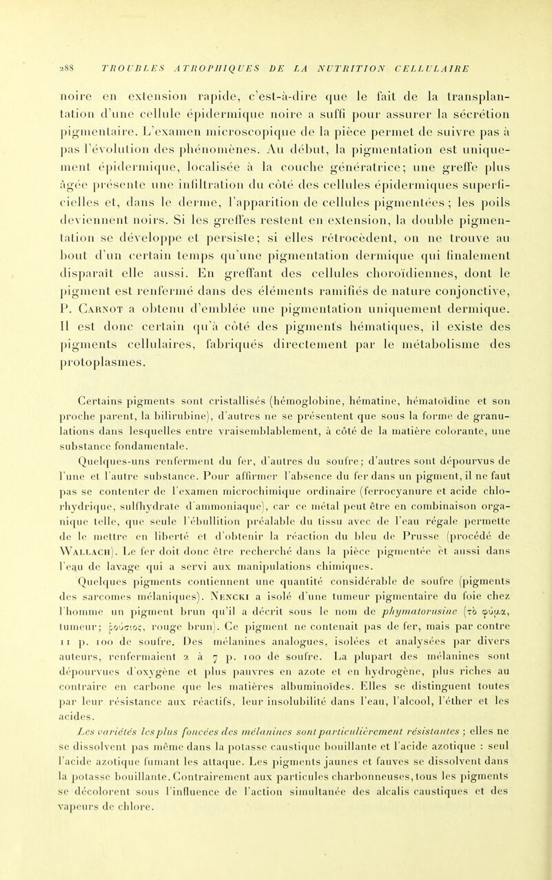 noire en extension rapide, c'est-à-dire que le fait de la transplan- tation d'une cellule épiderniique noire a suffi pour assurer la sécrétion pignientaire. L'examen microscopique de la pièce permet de suivre pas à pas révolution des phénomènes. Au début, la pigmentation est unique- ment épiderniique, localisée à la couche génératrice; une greffe plus âgée présente une infiltration du côté des cellules épidermiques superfi- cielles et, dans le derme, l'apparition de cellules pigmentées ; les poils deviennent noirs. Si les greffes restent en extension, la double pigmen- tation se développe et persiste; si elles rétrocèdent, on ne trouve au bout d'un certain temps qu'une pigmentation dermique qui finalement disparaît elle aussi. En greffant des cellules clioroïdiennes, dont le pigment est renfermé dans des éléments ramifiés de nature conjonctive, P. Carnot a obtenu d'emblée une pigmentation uniquement dermique. Il est donc certain qu'à côté des pigments hématiques, il existe des pigments cellulaires, fabriqués directement par le métabolisme des protoplasmes. Certains pigments sont cristalHsés (hémoglobine, hématine, liématoïdine et son proche parent, la bilirubine), d'autres ne se présentent que sous la forme de granu- lations dans lesquelles entre vraisemblablement, à côté de la matière colorante, une substance fondamentale. Quelques-uns renferment du fer, d'autres du soufre; d'autres sont dépourvus de l'une et l'autre substance. Pour affirmer l'absence du fer dans un pigment, il ne faut pas se contenter de l'examen microchimique ordinaire (ferrocyanui'e et acide chlo- rhydriquc, sulfhydrate d anunoniaque), car ce métal peut être en combinaison orga- nique telle, cpie seule rél)uliili()n préalable du tissu avec de l'eau régale permette de le mettre en liberté et d'obtenir la réaction du bleu de Prusse (procédé de Wallach). Le fer doit donc être recherché dans la pièce pigmcntc'c et aussi dans l'equ de lavage qui a servi aux manipulations chimiques. Quelcfues pigments contiennent une quantité considérable de soufre (pigments des sarcomes mélanic|ues). Nencki a isolé d'une tumeur pigmentaire du foie chez l'homme un pigment brun qu'il a décrit sous le nom de pliymatoriisiiic (xb tumeur; ioû'Tto;, rouge brun). Ce iiigment ne contenait pas de fer, mais par contre II p. loo de soufre. Des mélanines analogues, isolées et analysées par divers auteurs, renfermaient i à 7 p. 100 de soufre. La 23lupart des mélanines sont dépourvues d'oxygène et plus pauvres en azote et en hydrogène, plus riches au contraire en carbone que les matières albuminoïdes. Elles se distinguent toutes par leur résistance aux réactifs, leur insolubilité dans l'eau, l'alcool, l'éther et les acides. Les variétés les plus foncées des niéla/ii/ies sonl parlicnlicrcmeiit résisla/Hcs ; elles ne se dissolvent pas même dans la potasse caustique bouillante et l'acide azotique : seul l'acide azotique fumant les attaque. Les pigments jaunes et fauves se dissolvent dans la potasse bouillante. Conlraireinent aux particules chai-bonneuses, tous les pigments se décolorent sous l'inOuence de l'action simultanée des alcalis caustiques et des vapeurs de chlore. à