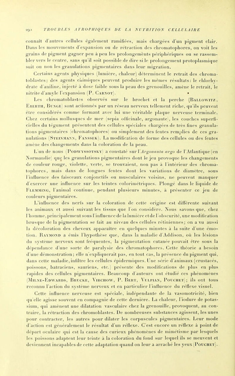 connaît d'autres cellules également ramifiées, mais chargées d'un pigment clair. Dans les mouvements d'expansion ou de rétraction des chromatophores, on voit les grains de pigment gagner peu à peu les prolongements périphériques ou se rassem- bler vers le centre, sans qu'il soit possible de dire si le prolongement protoplasmique suit ou non les granulations pigmentaires dans leur migration. Certains agents physiques (lumière, chaleur) déterminent le retrait des chroma- toblastes; des agents cîiimiques peuvent produire les mêmes résultats: le chlorhy- drate d'aniline, injecté à dose faible sous la peau des grenouilles, amène le retrait, le nitrite d'amyle l'expansion (P. Carxot). • Les chromatoblastes observés sur le brochet et la perche (Ballowitz , EniîRTH, BtiNGii) sont actionnés par un réseau nerveux tellement riche, qu'ils peuvent être considérés comme formant avec lui une véritable plaque nerveuse terminale. Chez certains mollusques de mer (sepia officinale, argonaute), les couches superfi- cielles du tégument présentent des cellules spéciales chargées de très fines granula- tions pigmentaires (chromatophores) ou simplement des fentes remplies de ces gra- nulations (Steinmann, Fanssek). La modification de forme des cellules ou des fentes amène des changements dans la coloration de la i)eau. L'un de nous (I'odwyssotsky) a constaté s\iv\' Ari^onaïUn argo de l'Atlantique (en Normandie) que les granulations pigmentaires dont le jeu provoque les changements de couleur rouge, violette, verte, se trouvaient, non pas à l'intérieur des chroma- tophores, mais dans de longues fentes dont les variations de diamètre, sous l'influence des faisceaux conjonclifs ou musculaires voisins, ne peuvent manquer d exercer une influence sur les teintes colorimétri(jues. Plongé dans le liquide de r^LEMMiNG, l'animal continue, pendant plusieurs minutes, à présenter ce jeu de couleurs pigmentaires. L'inlluence des nerfs sur la coloration de cette origine est différente suivant les animaux et aussi suivant les tissus que l'on considère. Nous savons cjue, chez l'homme, principalement sous 1 influence de la lumière etde l obscurité, une modification brusque de la pigmentation se fait au niveau des cellules rétiniennes; on a vu aussi la décoloration des cheveux apparaître en quelques minutes à la suite d'une émo- tion. Raymond a émis l'hypothèse que, dans la maladie d'Addison, oîi les lésions du système nerveux sont fréquentes, la pigmentation cutanée pouvait être sous la dépendance d'une sorte de paralysie des chromatophores. Cette théorie a besoin d'une démonstration; elle n'expliquerait pas, en tout cas, la présence du pigment qui, dans cette maladie, infiltre les cellules épidermiques. Une série d'animaux (crustacés, poissons, batraciens, sauriens, etc.) présente des modiiications de plus en plus rapides des cellules pigmentaires. Beaucoup d'auteurs ont étudié ces phénomènes (Milne-Edwards, Brucke, Virchow, p. Bert, 'N'ulpiax, Pouchet); ils ont tous reconnu l'action du système nerveux et en particulier l'inHuence du i-éflexe visuel. Cette influence nerveuse est spéciale, indépendante de la vasomotricité, bien qu'elle agisse souvent en compagnie de cette dernière. La chaleur, l'iodure de potas- sium, qui amènent une dilatation vasculaire chez la grenouille, provoquent, au con- traire, la rétraction des chromoblastes. De nombreuses substances agissent, les unes pour contracter, les autres pour dilater les corpuscules pigmentaires. Leur mode d'action est généralement le résultat d'un réflexe. C'est encore un réflexe à point de départ oculaire qui est la cause des curieux phénomènes de mimétisme par lesquels les poissons adaptent leur teinte à la coloration du fond sur lequel ils se meuvent et deviennent incapal)les de cette adaptation (juand on leur a arraché les yeux (Pouchet).