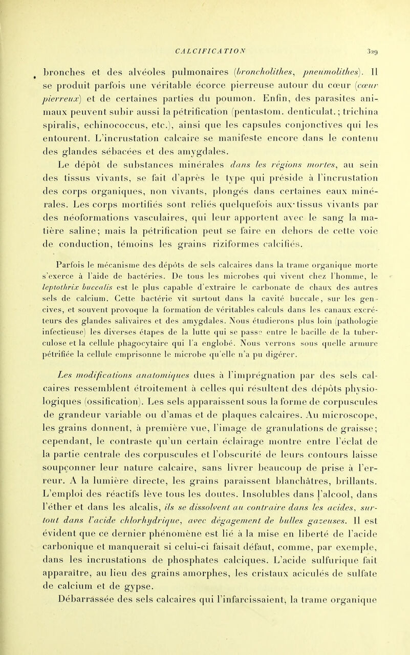 bronches et des alvéoles pulmonaires [hroncholithes^ pneumolithes). Il se produit parfois une véritable écorce pierreuse autour du cœur [cœur pierreux) et de certaines parties du poumon. Enfin, des parasites ani- maux peuvent subir aussi la pétrification (pentastom. denticulat. ; trichina spiralis, echinococcus, etc.), ainsi que les capsules conjonctives qui les entourent. L'incrustation calcaire se manifeste encore dans le contenu des glandes sébacées et des amygdales. Le dépôt de substances minérales dans les rcgiuits /itu/-/es, au sein des tissus vivants, se fait d'après le type qui préside à Fincrustation des corps organiques, non vivants, plongés dans certaines eaux miné- rales. Les corps mortifiés sont reliés quelquefois aux-tissus vivants par des néoformations vasculaires, qui leur apportent avec le sang la ma- tière saline ; mais la pétrification peut se faire en dehors de cette voie de conduction, témoins les grains riziformes calcifiés. Parfois le mécanisme des dépcUs de sels calcaires dans la trame organique morte s'exerce à l'aide de bactéries. De tous les microbes qui vivent chez l'homme, le leptotlirix huccalis est le plus capable d'extraire le carbonate de chaux des autres sels de calcium. Cette bactérie vit surtout dans la cavité buccale, sur les gen- cives, et souvent provoque la formation de véritables calculs dans les canaux excré- teurs des glandes salivaires et des amygdales. Nous éUidierons plus loin (pathologie infectieuse) les diverses étapes de la lutte qui se passo entre le bacille de la tuber- culose et la cellule phagocytaire qui l'a englobé. Nous verrons scnis quelle armure pétrifiée la cellule emprisonne le microbe qu'elle n'a pu digérer. Les modifications aiialonii([ues dues à rimprégnation par des sels cal- caires ressemblent étroitement à celles qui résidtent des dépôts physio- logiques (ossification). Les sels apparaissent sous la forme de corpuscides de grandeur variable ou d'amas et de plaques calcaires. Au microscope, les grains donnent, à première vue, l'image de granulations de graisse; cependant, le contraste qu'un certain éclairage montre entre l'éclat de la partie centrale des corpuscules et l'obscurité de leurs contottrs laisse soupçonner leur nature calcaire, sans livrer beaucou[) de prise à l'er- reur. A la lumière directe, les grains paraissent blanchâtres, brillants. L'emploi des réactifs lève tous les doutes. Insolubles dans l'alcool, dans l'éther et dans les alcalis, ils se dissolvent au contraire dans les acides, su/-- tout dans l'acide c/tlor/ti/dri(jue, avec dégagement de huiles gazeuses. Il est évident que ce dernier phénomène est lié à la mise en liberté de l'acide carbonique et manquerait si celui-ci faisait défaut, comme, par exemple, dans les incrustations de phosphates calciques. L'acide sulfurique l'ail apparaître, au lieu des grains amorphes, les cristaux aciculés de sulfate de calcium et de gypse. Débarrassée des sels calcaires qui l'infarcissaient, la trame organique