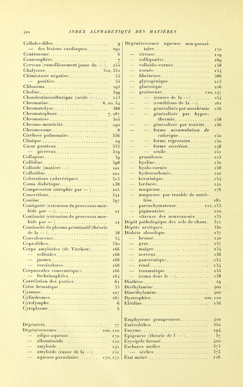 Cellules-filles 9 — des lésions cardiaques 29.! Centrosomc 6 Centrosphère 7 Cerveau (ramollissement jaune du —). 255 Chalycose 320,352 Chimiotaxie négative 55 — positive 55 Chloasma 293 Choline Sgg Chondrolinosulfurique (acide — )■-... i43 Chromatine. 6, 10, 54 Chromalolyse 388 Chromatophore 7> 287 Chromatose 3o5 Chromo-motricité. 290 Chromosome 8 Cirrhose pulmonaire. 356 Clinique 19 Cœur goutteux 333 — pierreux 329 Collapsus 39 Collidinc 398 Colloïde (matière — ) 201 Colloïdine 202 Colorations cadavériques 3i3 Coma diabétique. 238 Compression (atrophie par — ). io5 Concrétions 341 Coniine 397 Contiguïté (extension du processus mor- bide par —) 21 Continuité (extension du processus mor- bide par — ). 21 Continuité du plasma germiuatif(théorie delà—) 58 Convalescence 34 Coprolilhes. 35o Corps amyloïdos (de Virchow) 166 — colloïdes 168 — jaunes 168 —■ versicolores 168 Corpuscules conccnirique.s i(ifi —■ fuchsinophilcs 164 Corrélation des parlies 61 Crise hématiquc 33 Cyanose 107 Cylindromes 167 Cytolymphe 6 Cytoplasme 5 Dégénérés 77 Dégénérescence 100,120 — adipo-aqueuse 170 — albuminoïde 120 — amyloïde 142 — amyloïde (cause de la —) i5i — aqueuse parasitaire 170,172 Dégénérescence aqueuse non-parasi- taire 170 — cireuse 129 — colliquativo 169 — roUoïdo-cornée i58 — cornée i54 — fibrineuse 386 — glycogénique 215 — glucosique 226 — graisseuse 120,247 — — (causes de la —) 254 — — (conditions de la—) 261 — — généralisée par anoxhémie 256 — — généralisée par hyper- thermie 258 — — généralisée par toxicité.. 256 — — forme accumulation de calorique 2 5o — — forme régression 25o — — forme sécrétion 248 — — sénile 25i — granuleuse i23 — hyaline i3o — hyalo-cornée i58 — hydrocarbonée 120 — kératinique i54 — lardacée 142 — muqueuse 176 — muqueuse par trouble de nutri- tion 182 — parenchymateuse 122,253 — pigmentaire 120 — vitreuse des nouveau-nés i35 Dépôt pathologique des sels de cliaux. 32i Dépôts uratiques 33o Diabète alcoolique 237 — bronzé 240 — gras 237 — maigre 234 — nerveux 236 — pancréatique 234 — rénal 2 34 —■ traumatique 235 — (coma dans le—) 238 Diathèse 19 Diéthylamine 4oo Diméthylamine 4oo Dystrophies 100,120 Eléidine i56 Emphysème grangreneux 410 Entérolithes 35o l^iizymc 194 Epigenèse (théorie de 1' —). 67 Erysipèle bronzé 4'0 Eschares molles 373 — sèches 373 Etat moiré 126