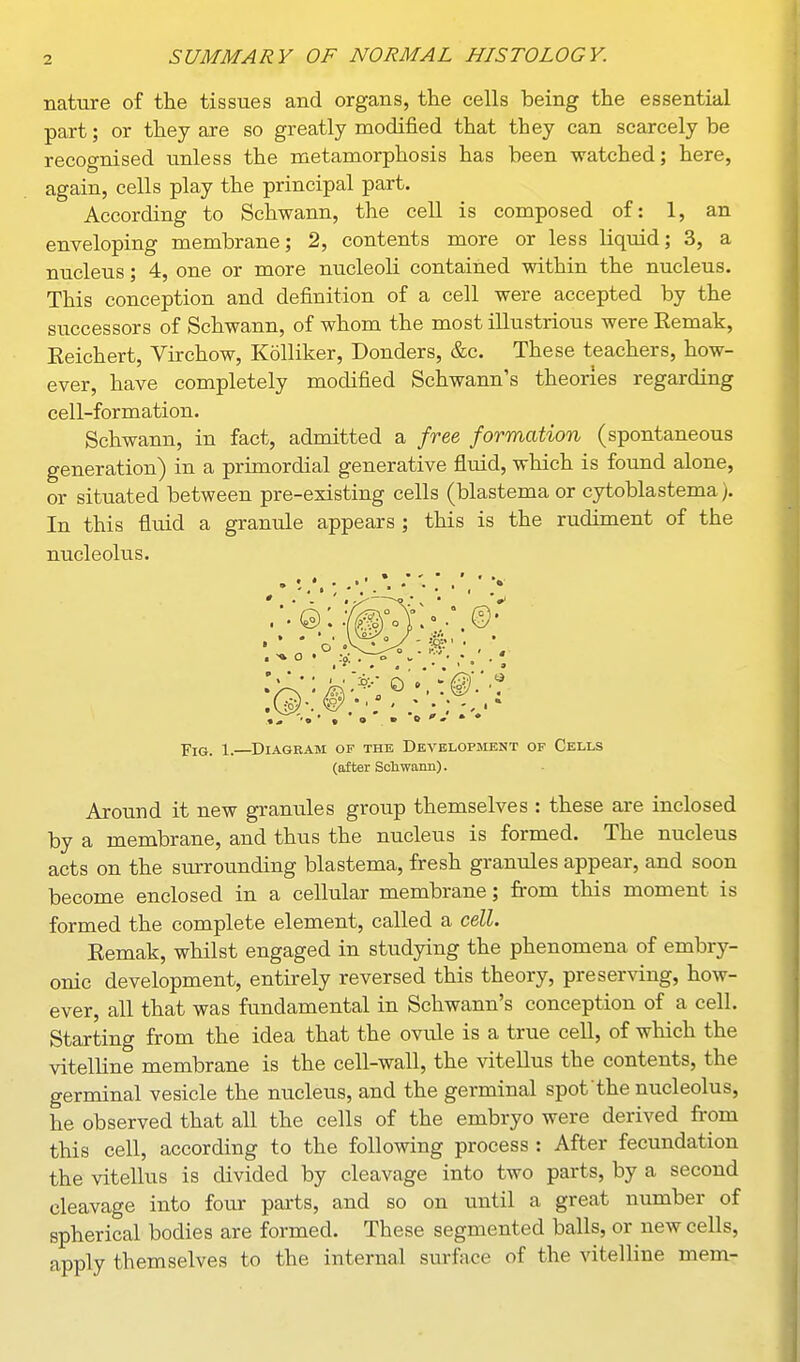 nature of the tissues and organs, the cells being the essential part; or they are so greatly modified that they can scarcely be recognised unless the metamorphosis has been watched; here, again, cells play the principal part. According to Schwann, the cell is composed of: 1, an enveloping membrane; 2, contents more or less liquid; 3, a nucleus; 4, one or more nucleoli contained within the nucleus. This conception and definition of a cell were accepted by the successors of Schwann, of whom the most illustrious were Remak, Reichert, Virchow, Kolliker, Bonders, &c. These teachers, how- ever, have completely modified Schwann's theories regarding cell-formation. Schwann, in fact, admitted a /ree formation (spontaneous generation) in a primordial generative fluid, which is found alone, or situated between pre-existing cells (blastema or cytoblastema). In this fluid a granule appears ; this is the rudiment of the nucleolus. •piG. 1. Diagram of the Development of Cells (after Sctiwaiin). Around it new granules group themselves : these are inclosed by a membrane, and thus the nucleus is formed. The nucleus acts on the surrounding blastema, fresh granules appear, and soon become enclosed in a cellular membrane; from this moment is formed the complete element, called a cell. Eemak, whilst engaged in studying the phenomena of embry- onic development, entirely reversed this theory, preserving, how- ever, all that was fundamental in Schwann's conception of a cell. Starting from the idea that the ovule is a true cell, of which the vitelline membrane is the cell-wall, the vitellus the contents, the germinal vesicle the nucleus, and the germinal spot the nucleolus, he observed that all the cells of the embryo were derived from this cell, according to the following process : After fecundation the vitellus is divided by cleavage into two parts, by a second cleavage into four parts, and so on until a great number of spherical bodies are formed. These segmented balls, or new cells, apply themselves to the internal surface of the vitelline mem-